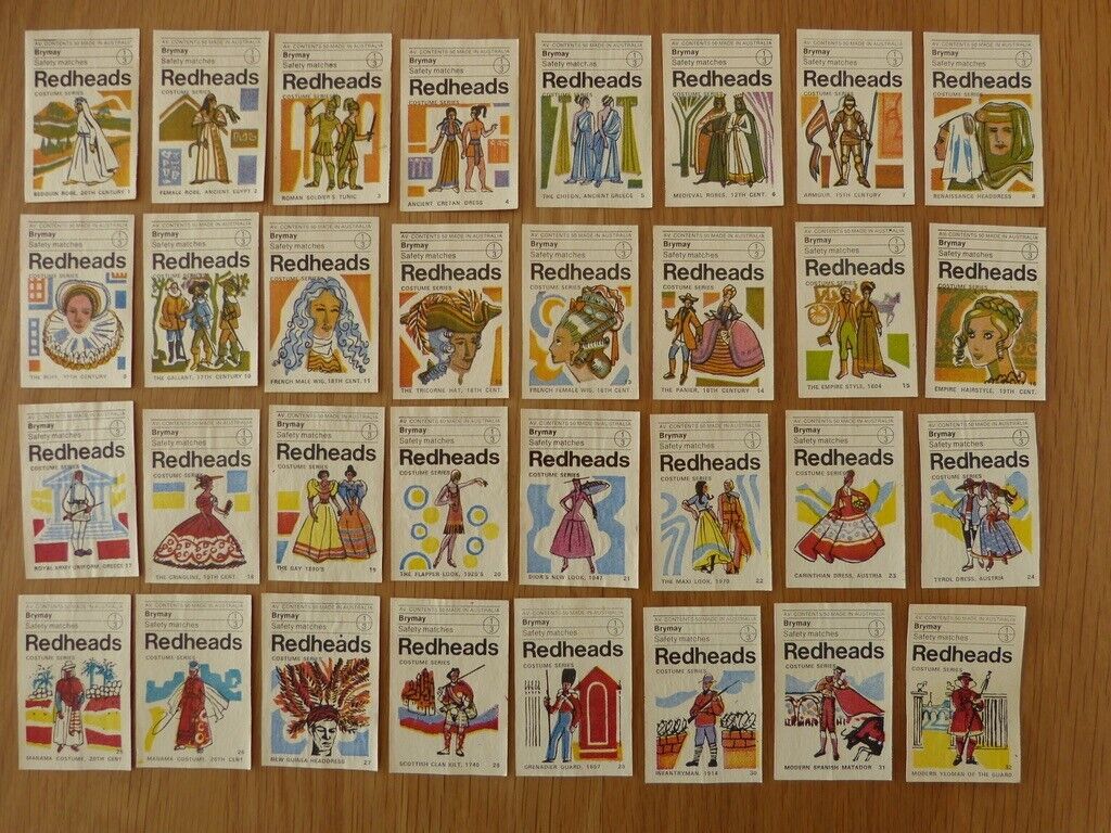 SET of 32 COSTUME BRYMAY REDHEADS MATCHBOX LABELS - 1971