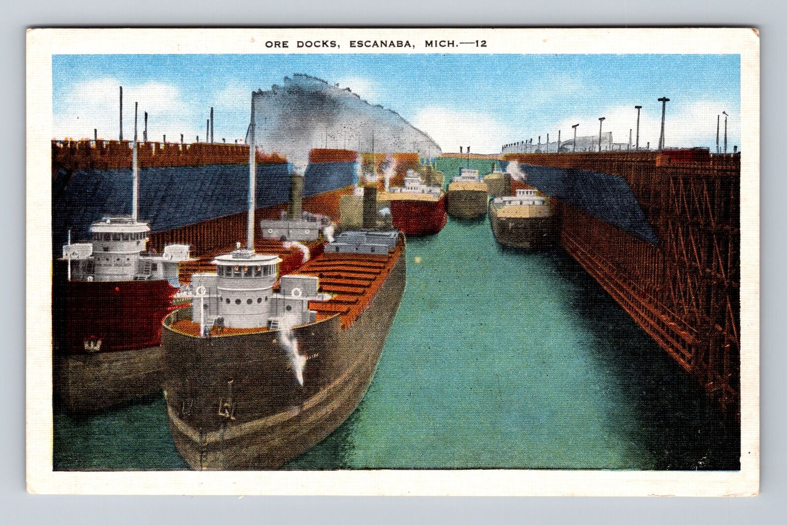 Escanaba MI-Michigan, Ore Docks, Ore Ships, Antique Souvenir Vintage Postcard