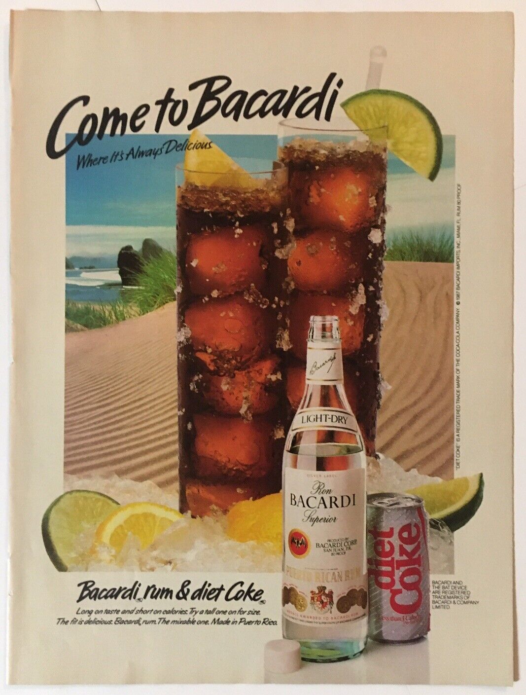 Bacardi Rum and Diet Coke 1989 Vintage Print Ad 8x11 Inches Bar Decor