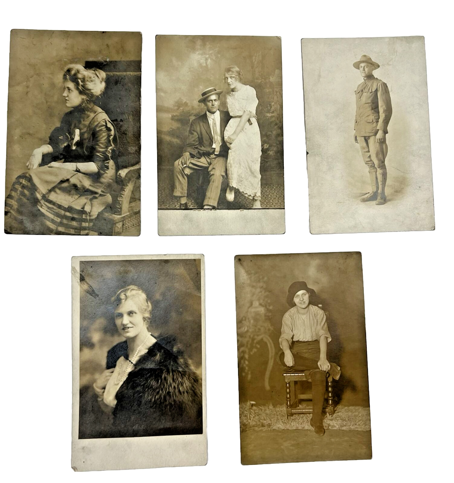 Real Photo Studio Postcards People Couple Military Lady Pants 1900s VTG Lot RPPC
