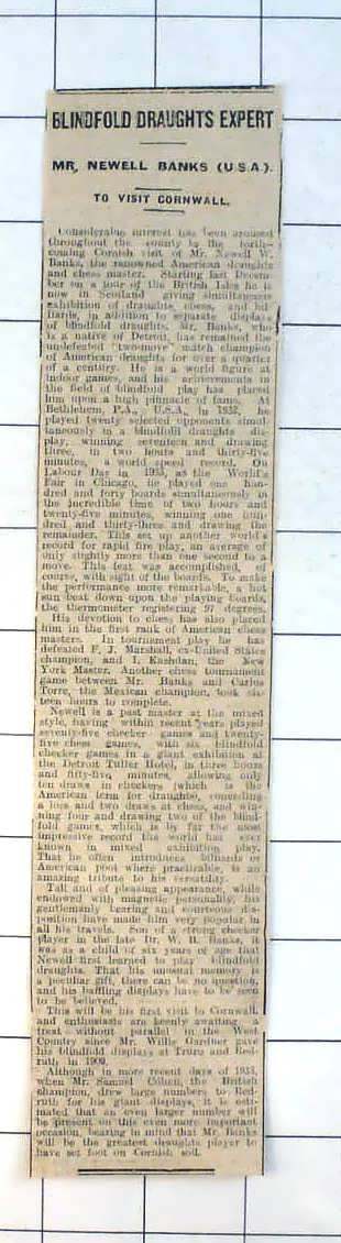 1939 Blindfold Draughts Expert Mr Newell Banks To Visit Cornwall
