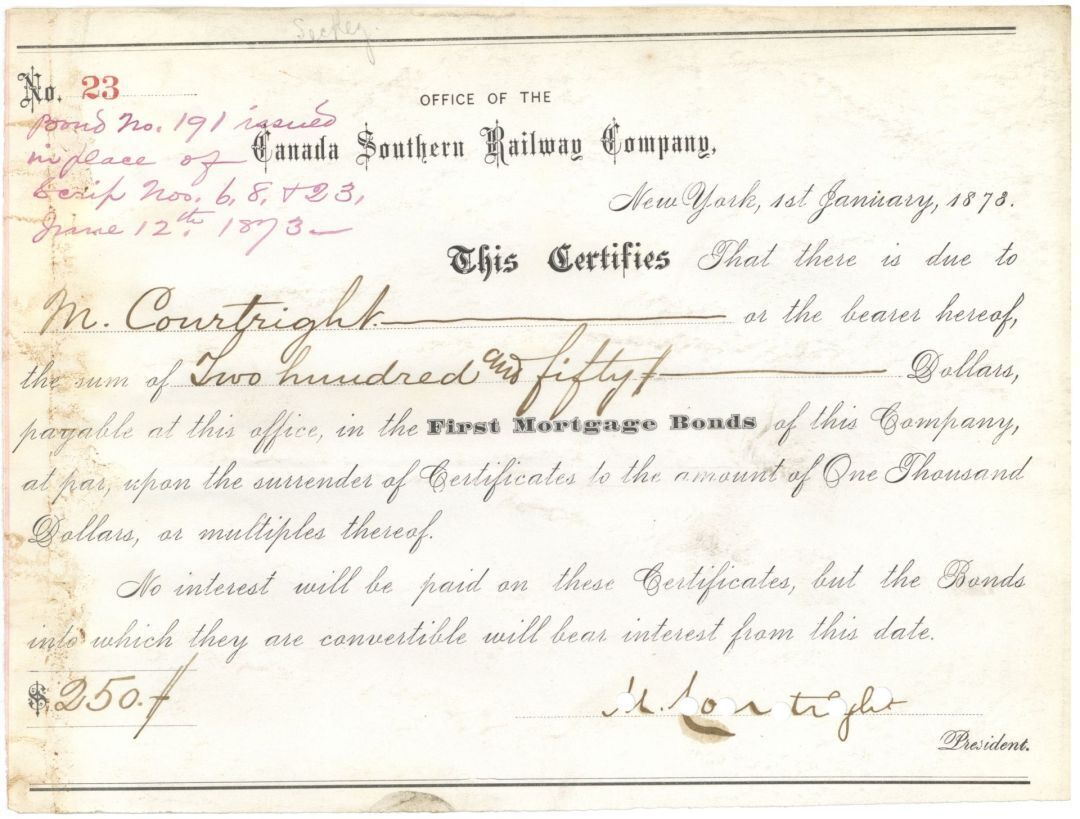 Canada Southern Railway Co. - 1878 dated Railroad Certificate towards Convertibl