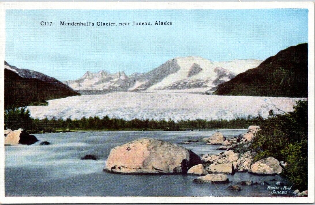 Mendenhall Glacier Juneau AK Ice Rocks Winter Pond Alaska linen postcard AP2