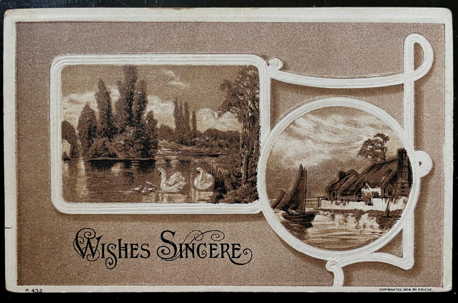 Vintage Victorian Postcard 1909 Wishes Sincere Grey-Brown Card Country Scene