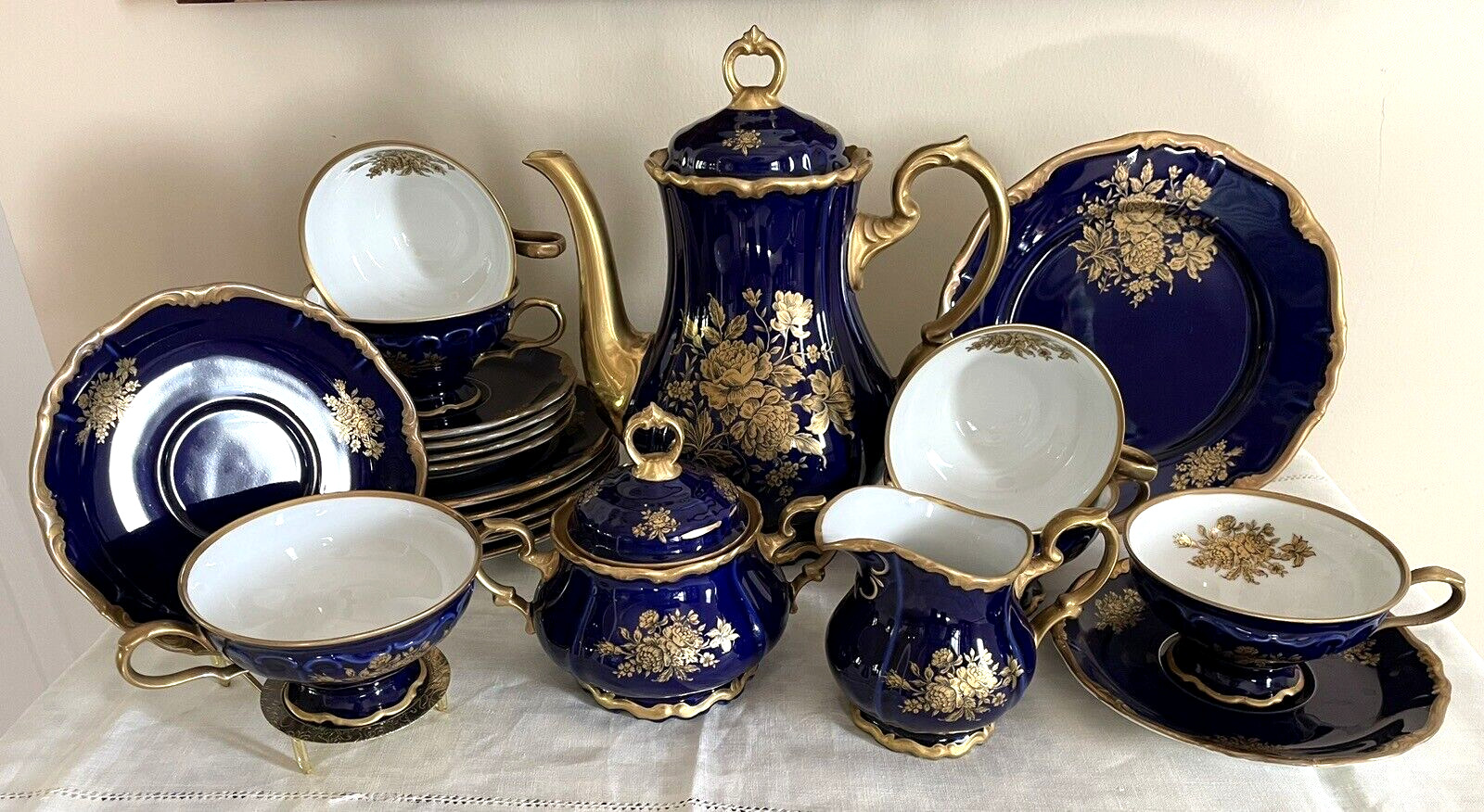 Vintage Edelstein Bavaria Etch Cobalt Coffee Pot & Tea Set 21pcs For 6 Excellent