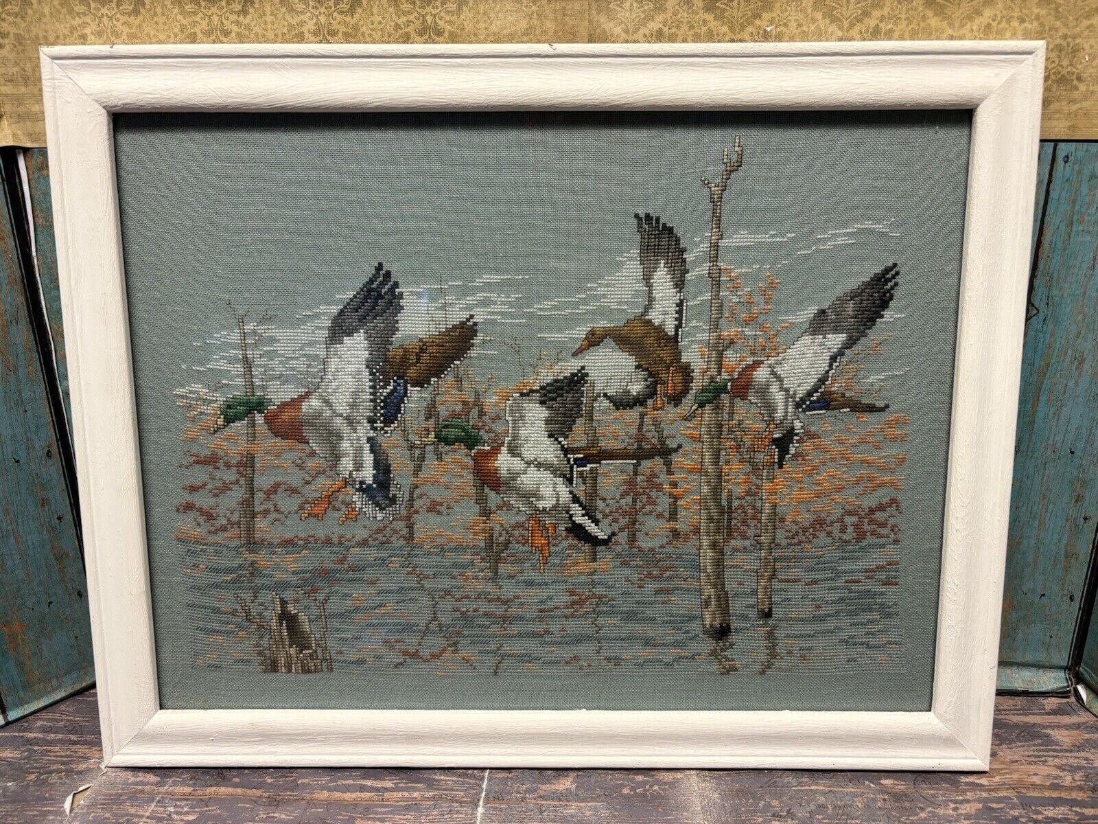 Vintage Mallard Flying Ducks Framed Finished Completed Cross Stitch