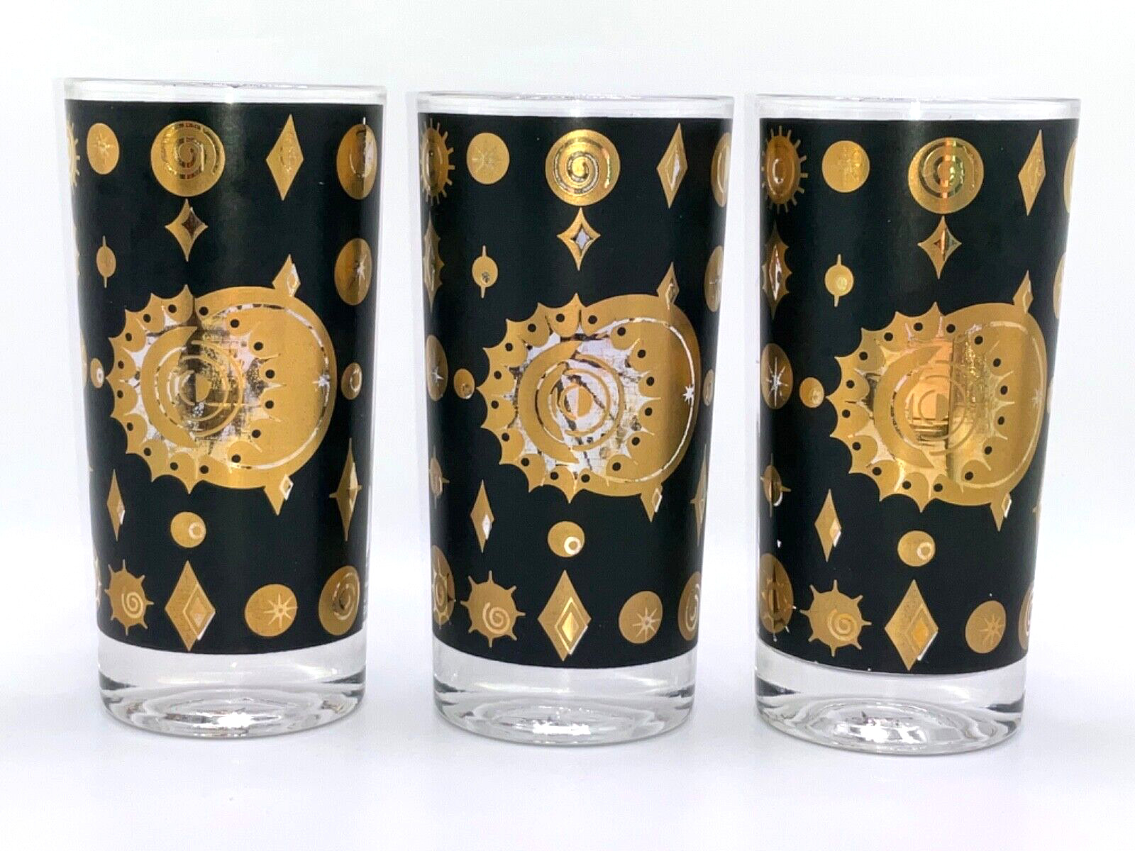 3 Vintage FRED PRESS Atomic Celestial Black & Gold MCM Highball Glasses