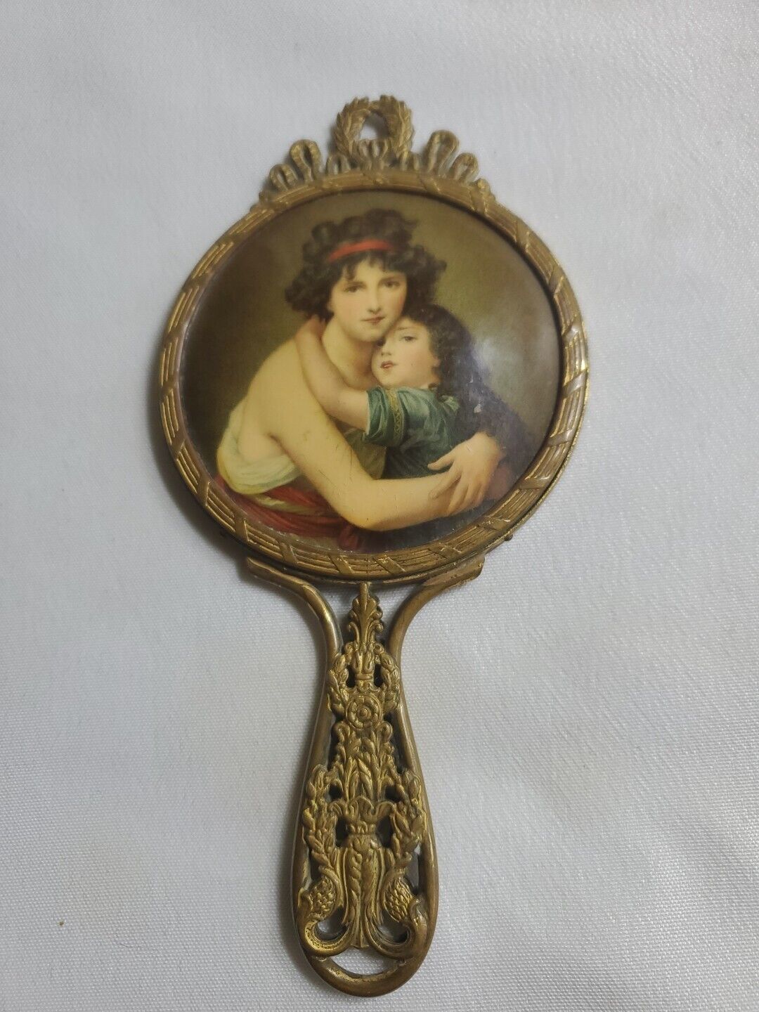 Antique French Brass Hand Mirror Mother & Dauhter Embracing Women Mirror Art