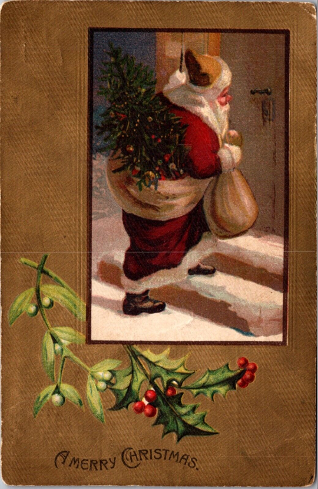 Christmas Postcard Santa Claus Walking Up to Door Carrying Bag, Decorated Tree