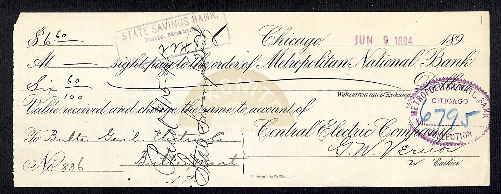 Central Electric Company Chicago Bank Check 1894 w/ Okanite - Scarce