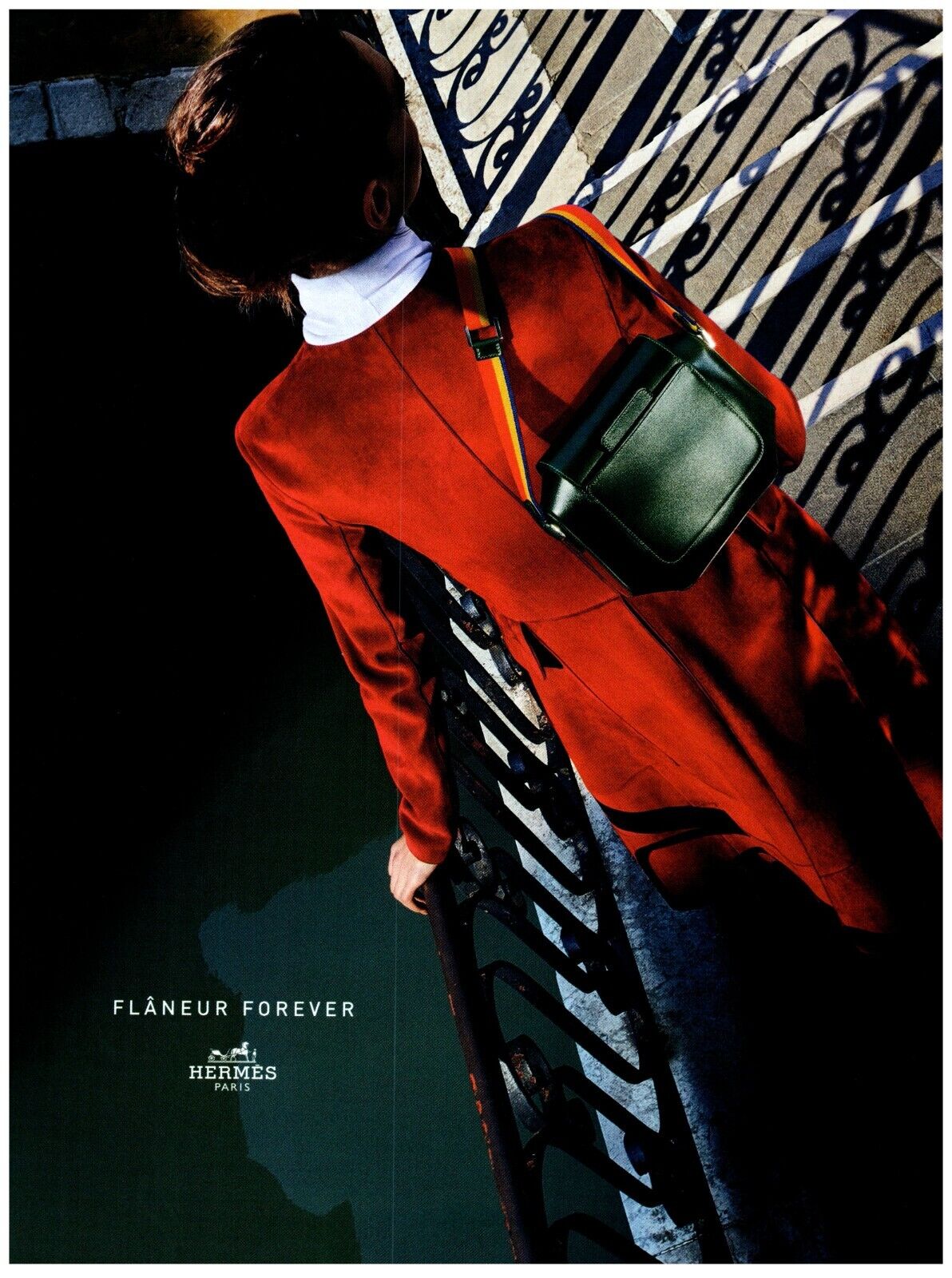 2015 Hermes Print Ad, Flaneur Forever Model Othilia Simon Red Coat Shoulder Bag