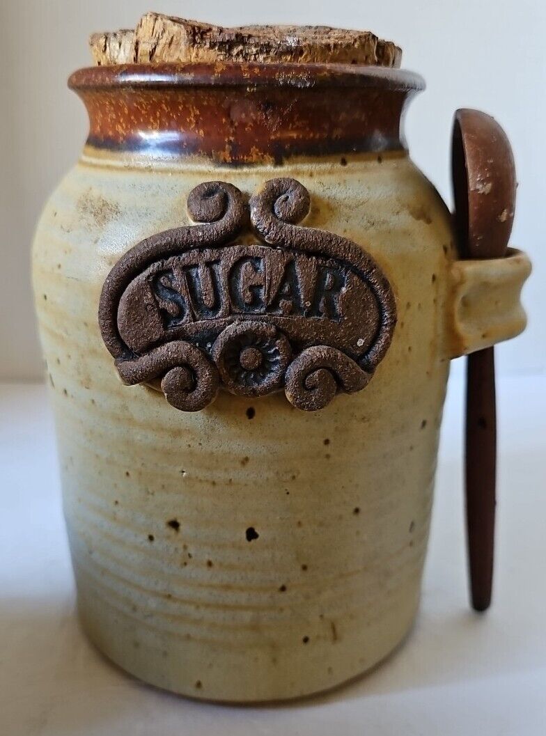Vintage Hand Crafted Art Pottery Sugar Canister Signed With Cork & Wood Spoon