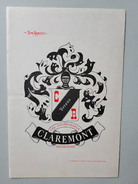 1974 Claremont Restaurant Verona New Jersey Menu Original