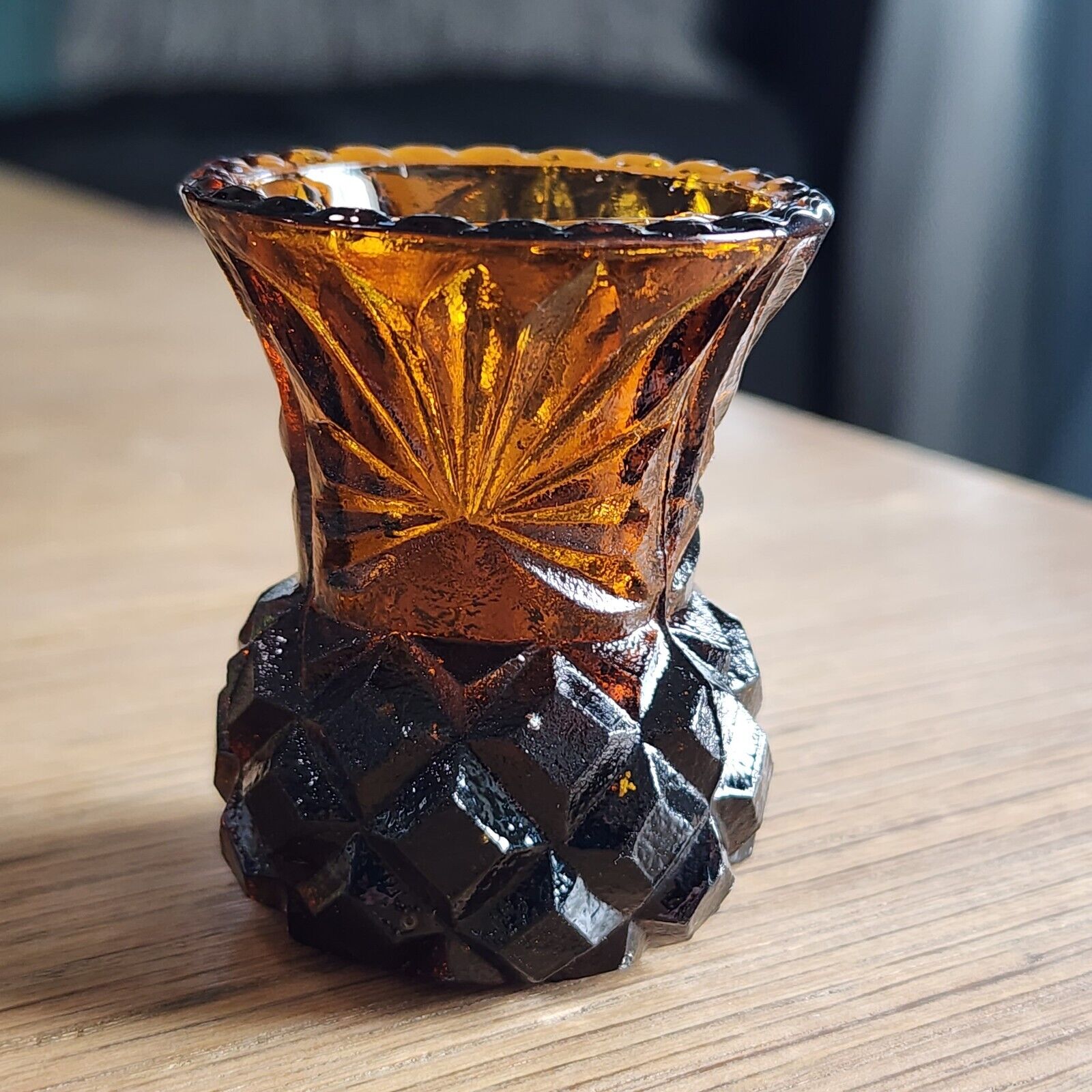 Vintage Amber Glass Toothpick Holder Pineapple Cut