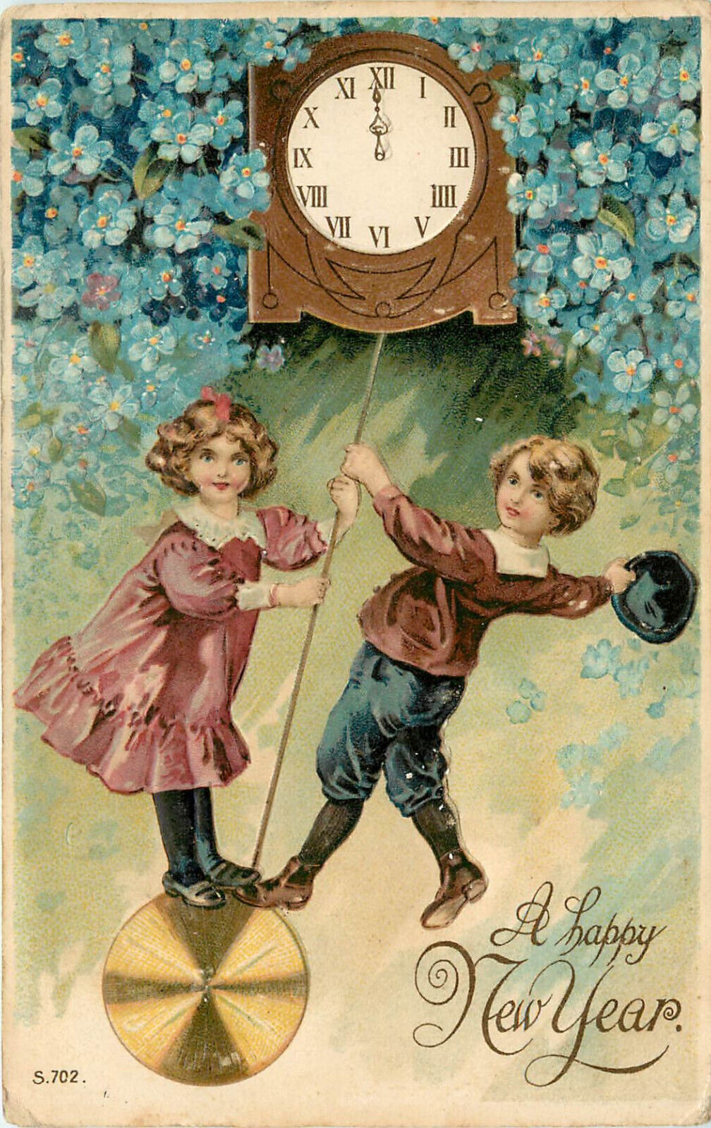 Embossed Postcard Children Ride Pendulum Of Clock @ Midnight New Years 1908