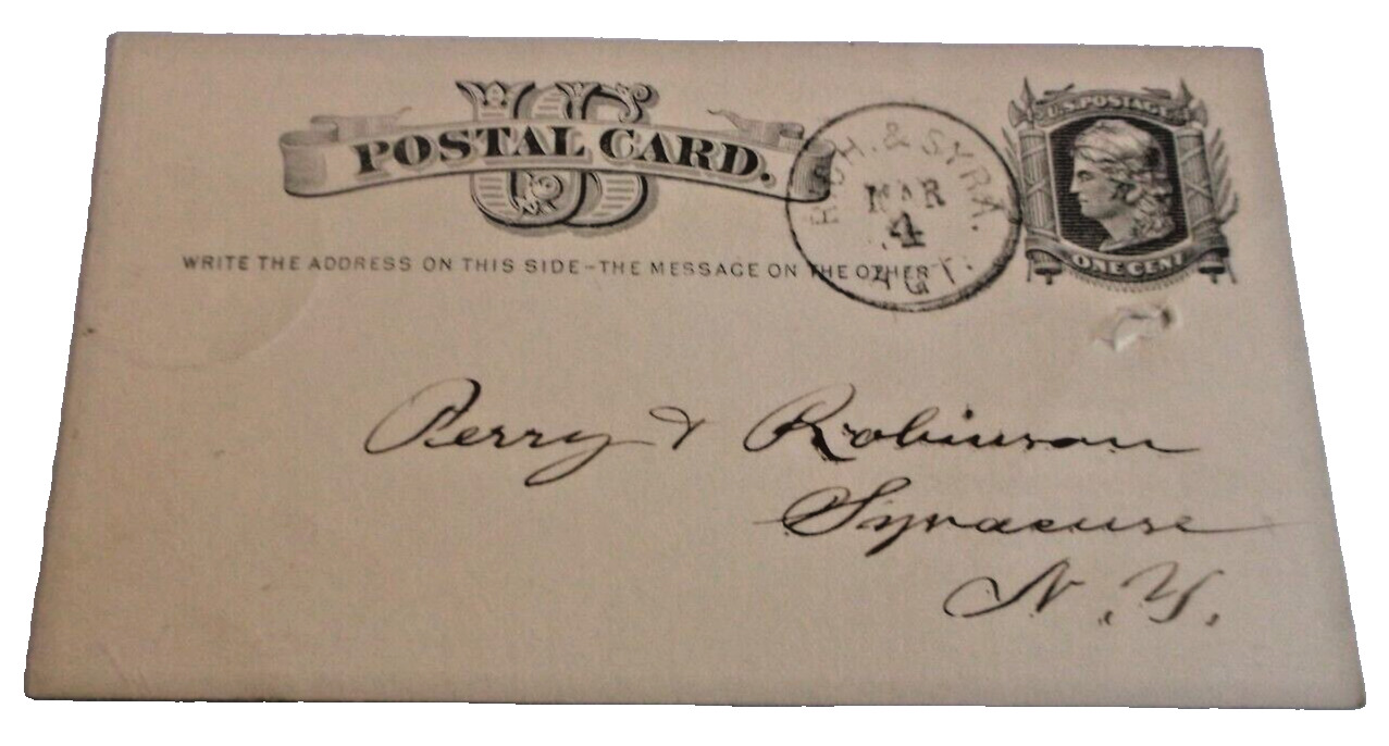 MARCH 1880 NEW YORK CENTRAL NYC SYRACUSE & ROCHESTER RPO HANDLED POST CARD