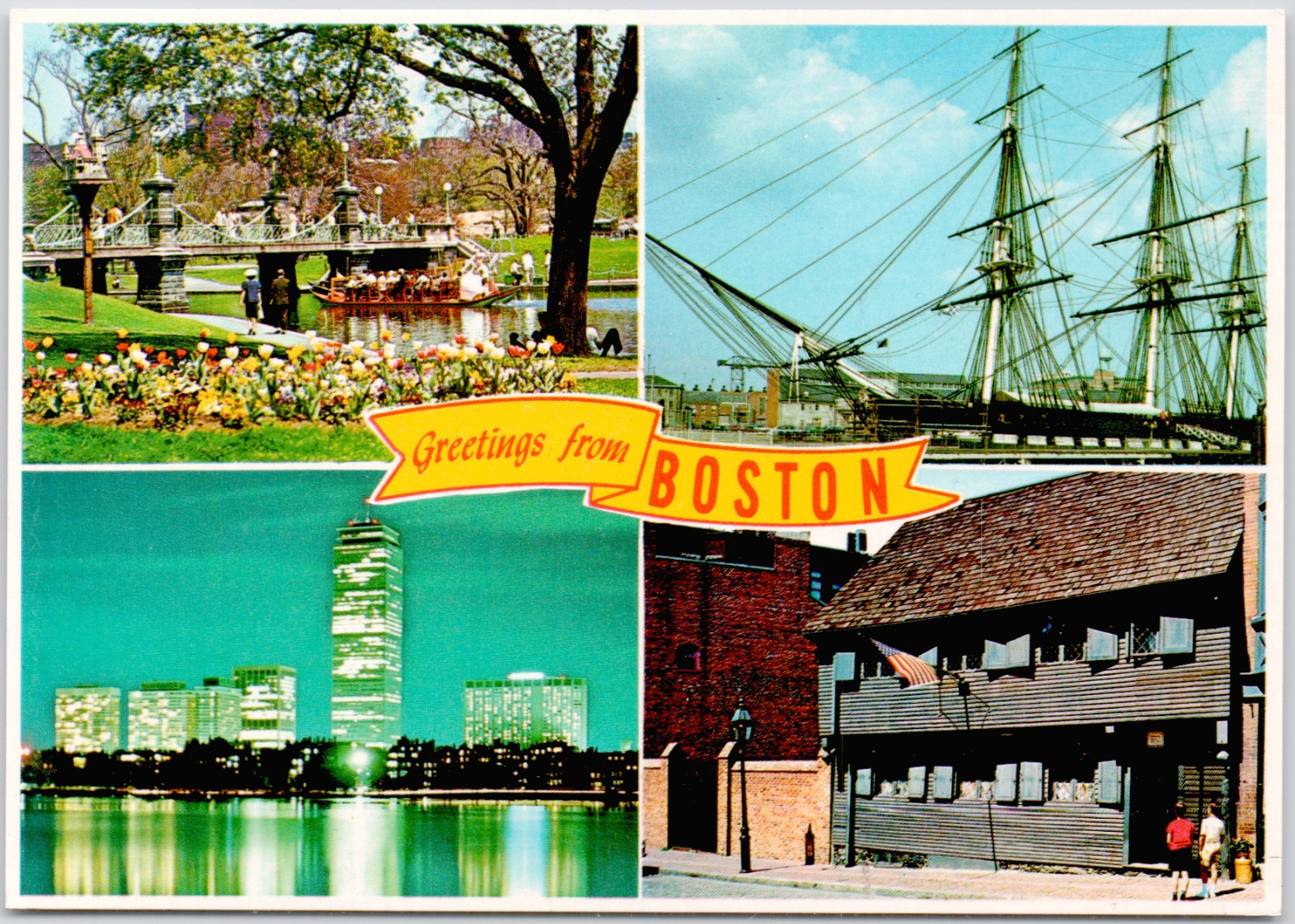 Greetings From Boston Massachusetts Swanboat Ironsides Charles Vintage Postcard