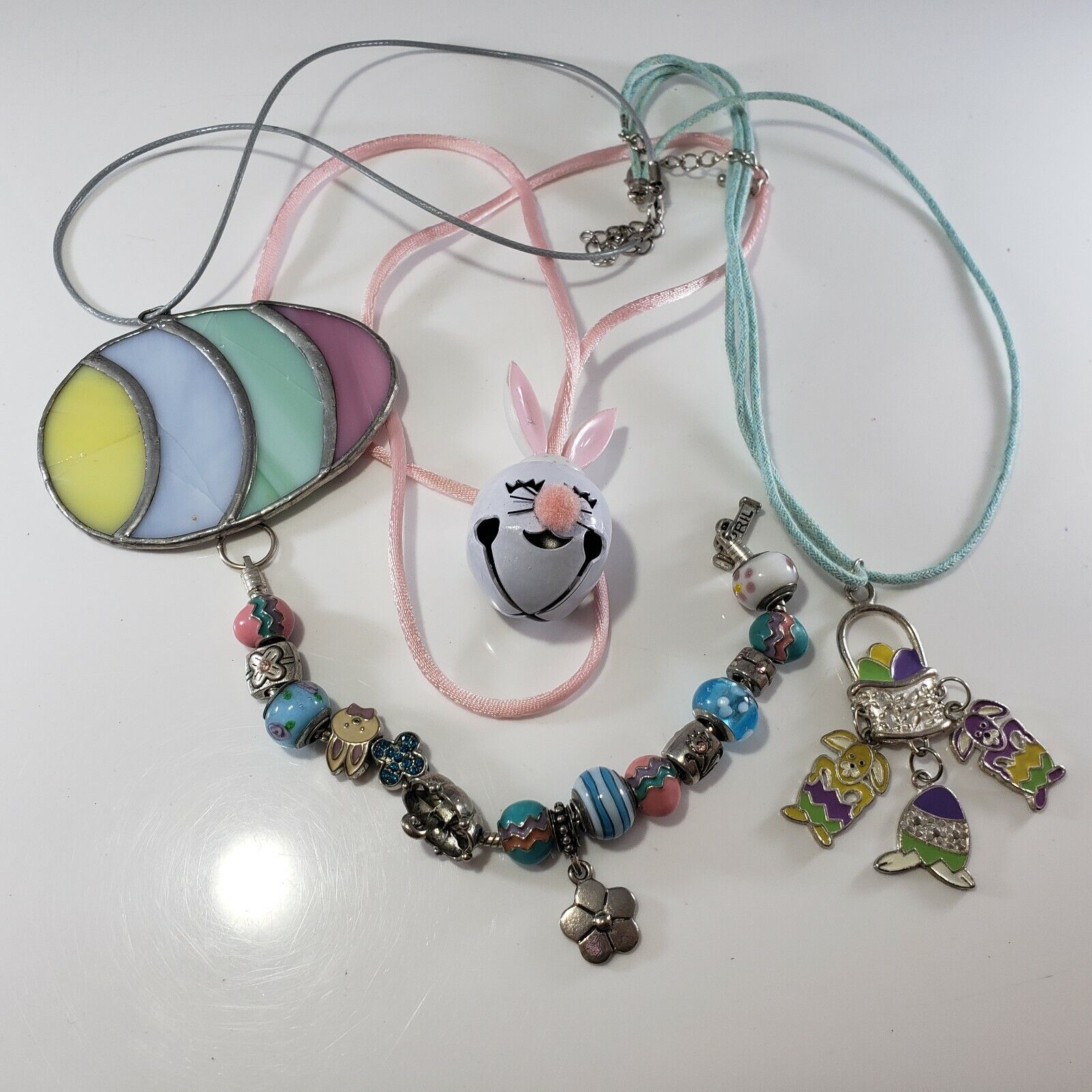 Vintage Easter  Necklace Eggs Bunny Rabbit Bell Necklace Charm Bracelet Lot 
