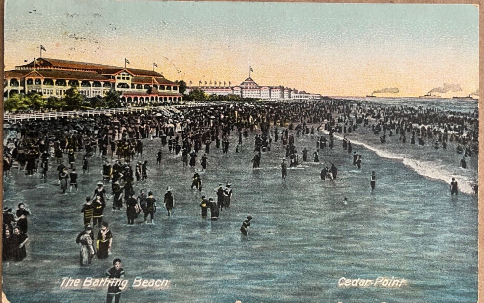 Cedar Point Ohio Bathing Beach Pavilion People Crowd Antique Postcard c1910