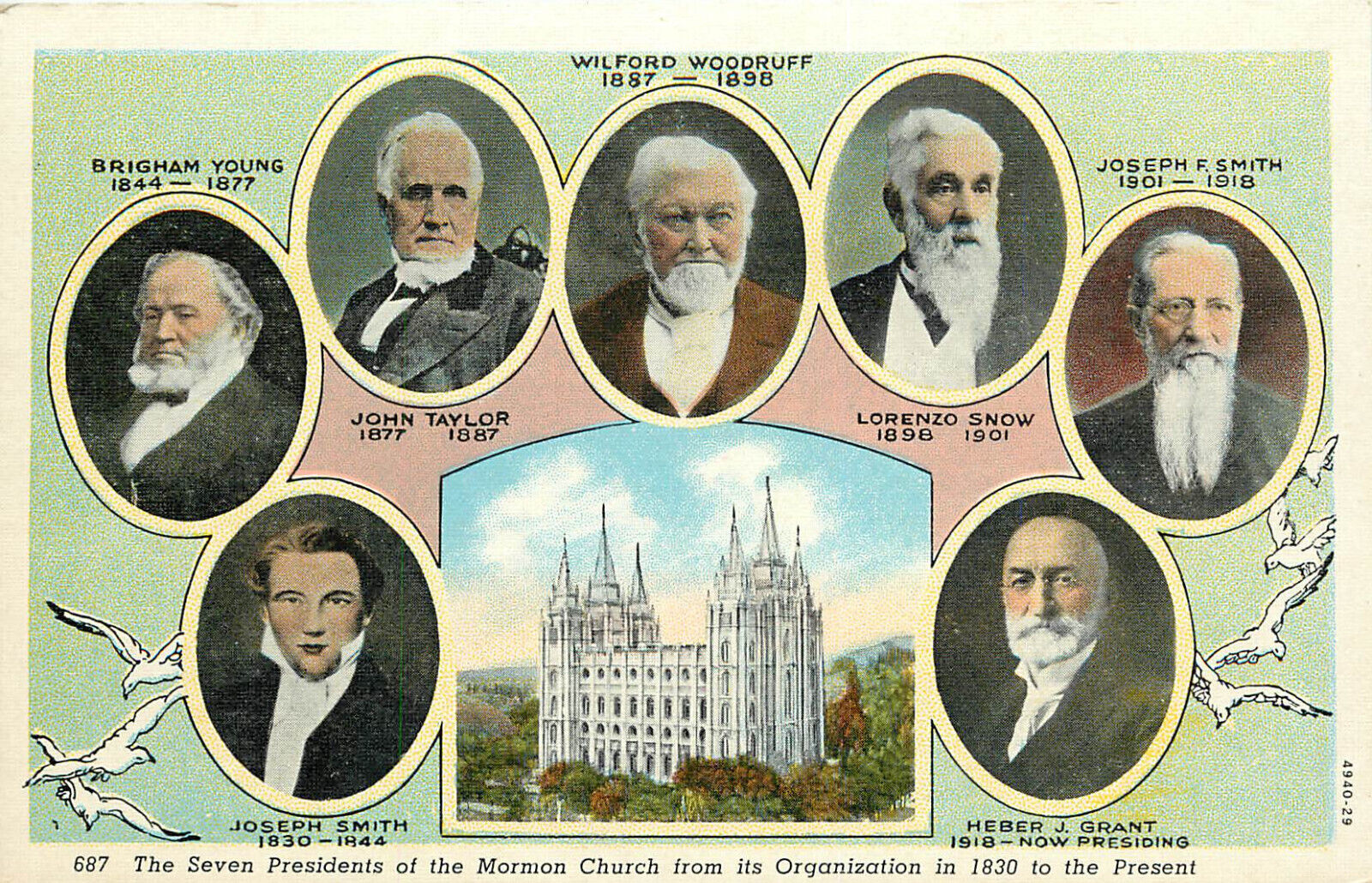 Vintage Postcard Seven Presidents of the Mormon Church Young Smith Taylor Snow