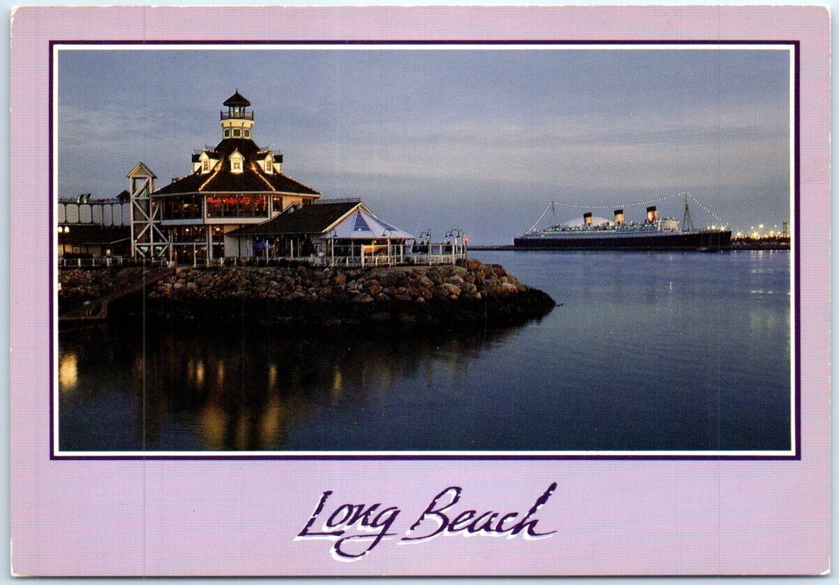 Postcard - Shore Village & Queen Mary in the Distance, Long Beach, California