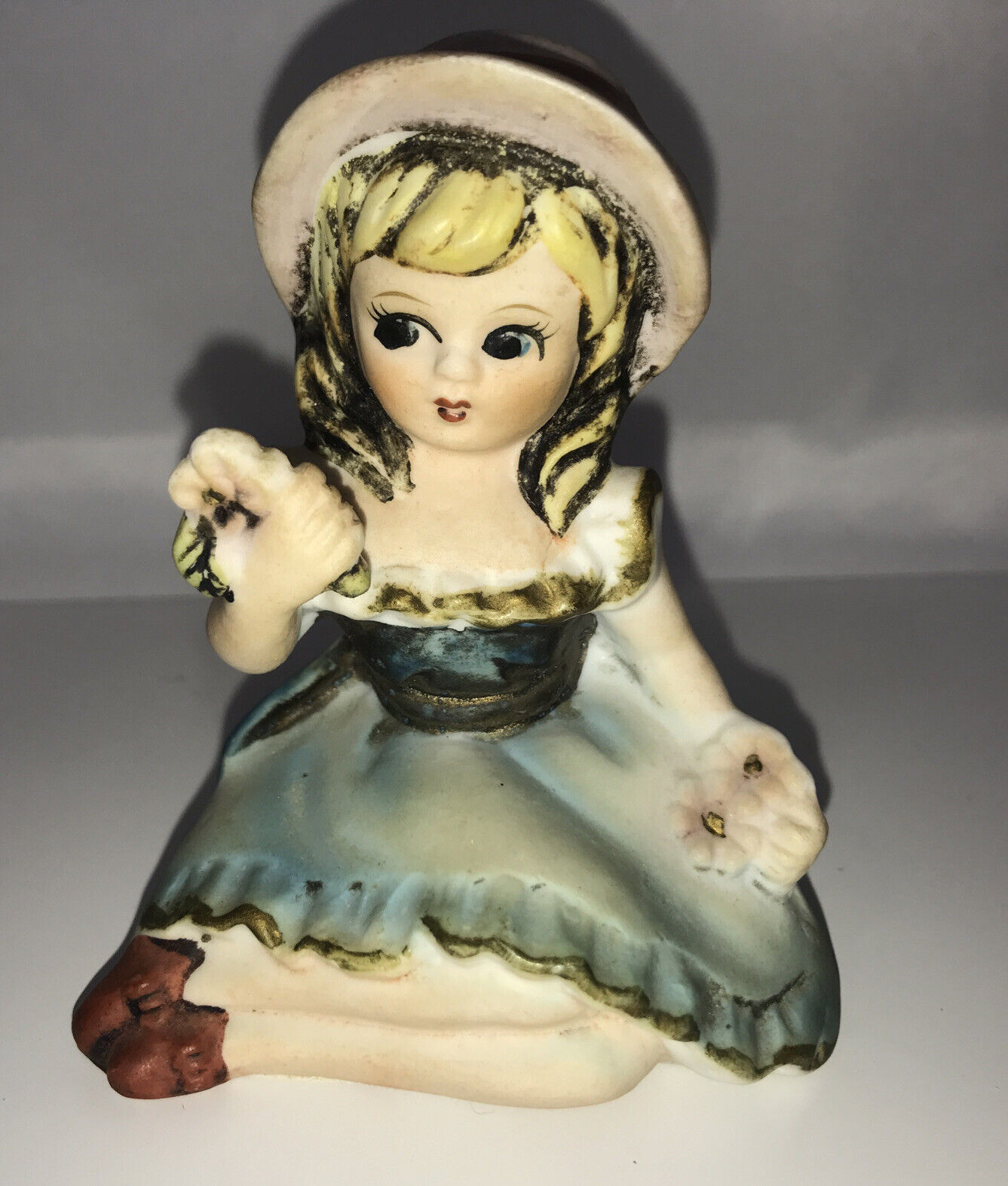 Lefton Porcelain Sitting Girl with Flowers in Blue Dress ~Hand Painted~  #3871