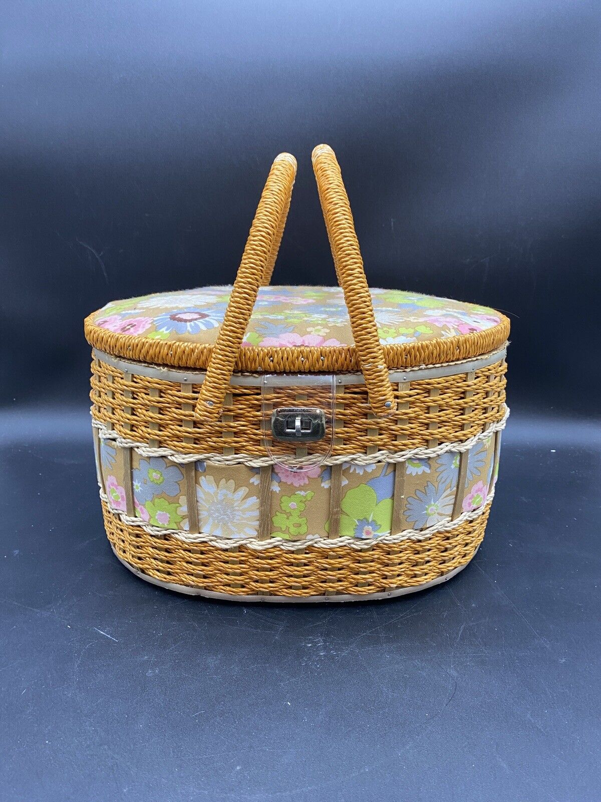 Vintage Sears Best Large Sewing Basket with Tray - Woven Wicker Pink Floral