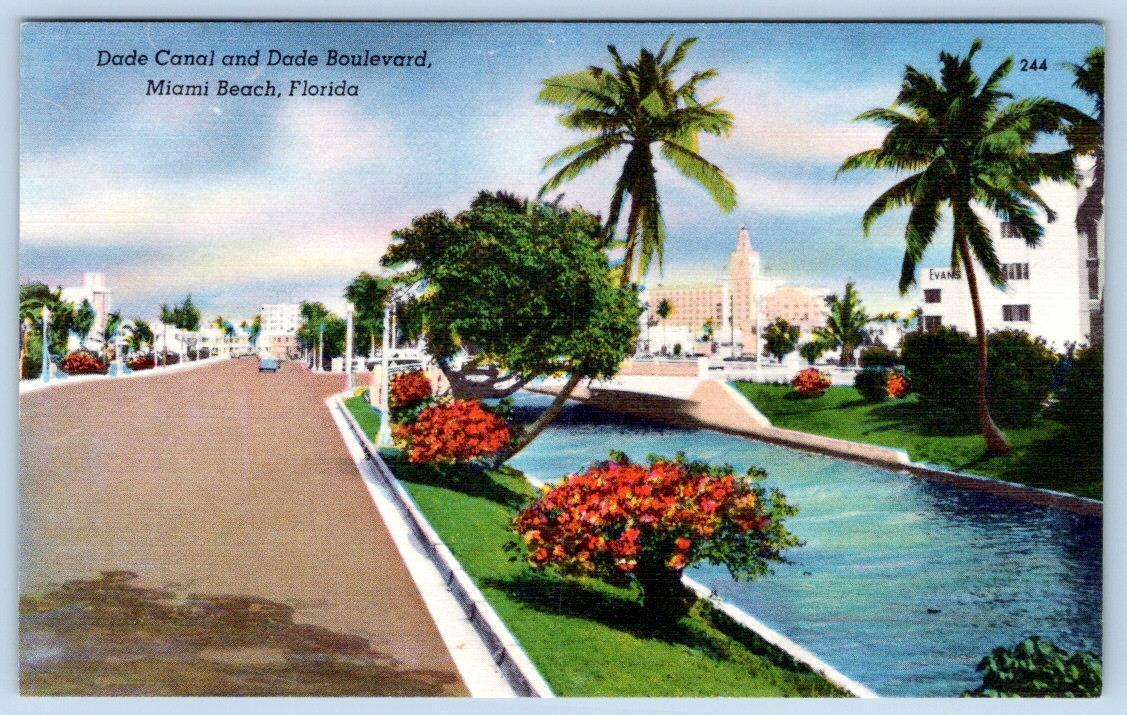1940-50\'s DADE CANAL BLVD MIAMI BEACH FLORIDA FL VINTAGE LINEN POSTCARD