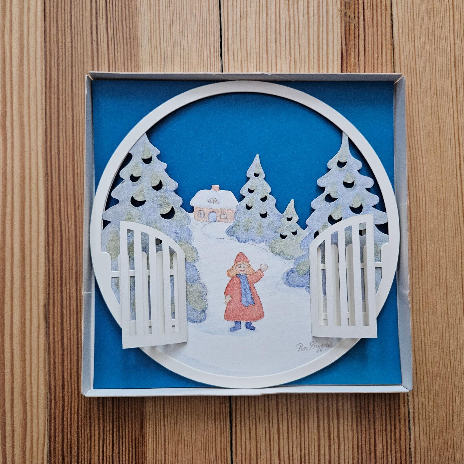 Vtg Pia Kryger Danish Christmas Ornament, Winter Snow Scene, 3D Paper Cut-Out