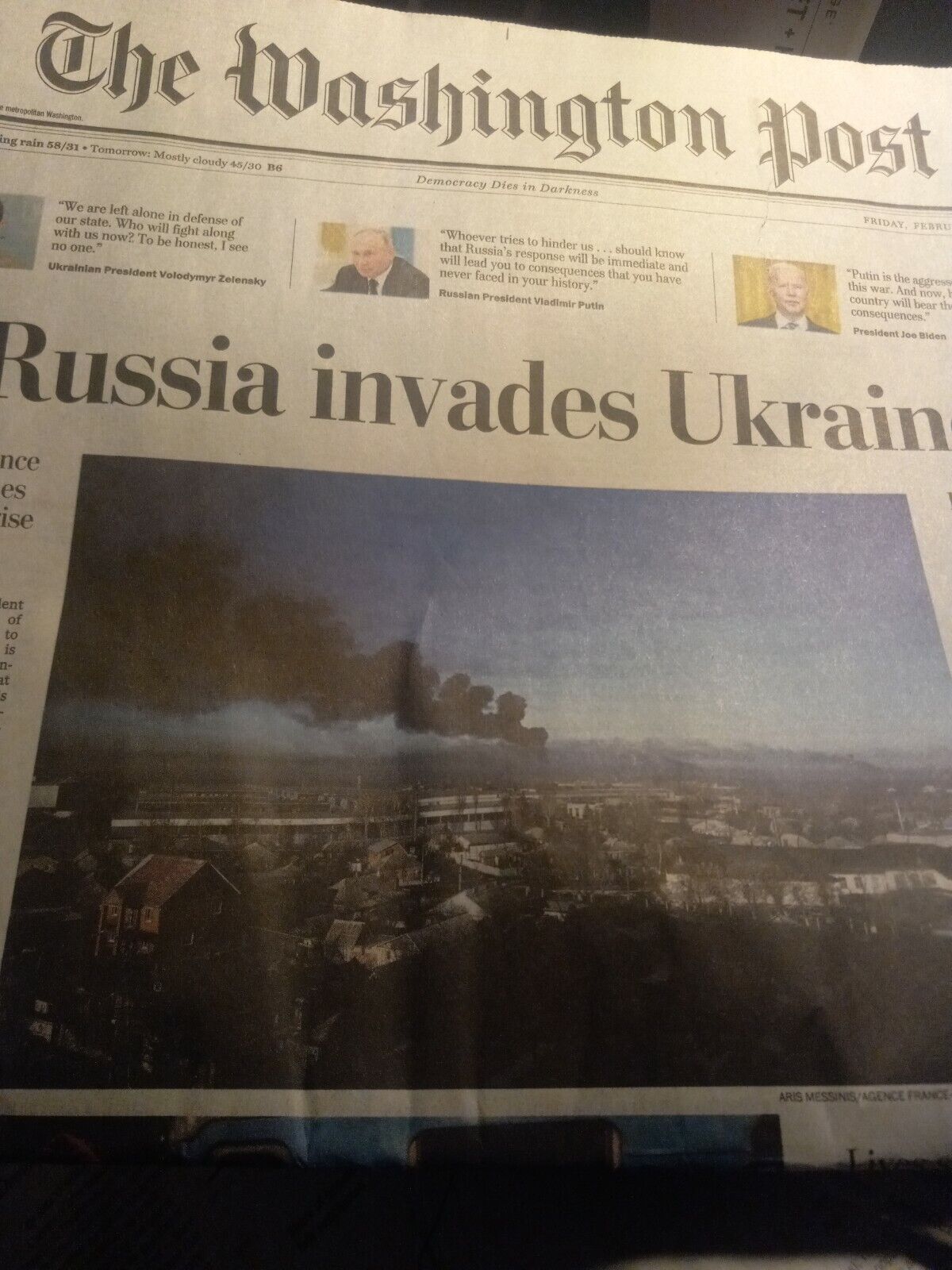 The Washington Post Friday February 25 2022.  Russia Invades Ukraine