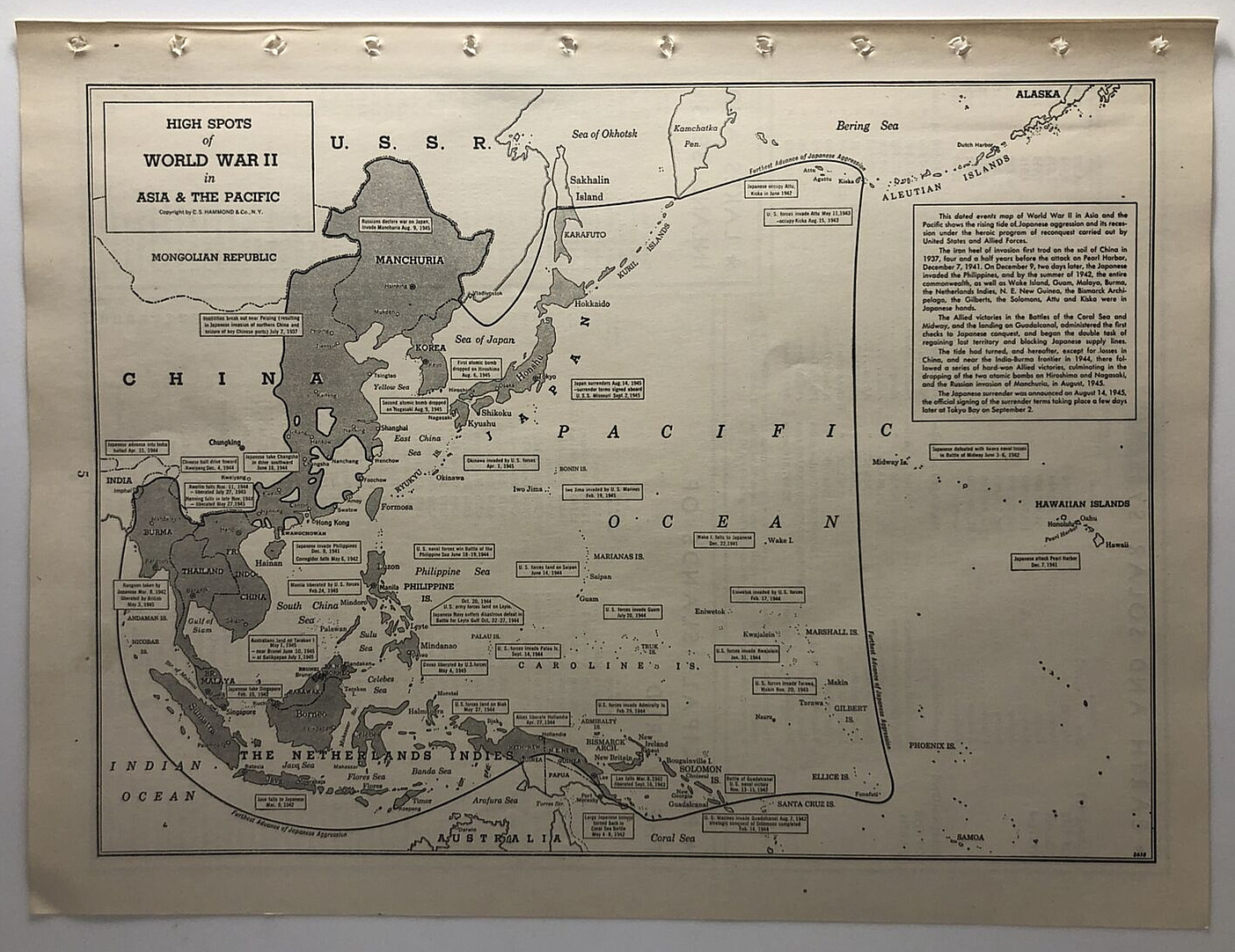 1947 Vintage ASIA & PACIFIC HIGH SPOTS of WWII Antique Atlas Map Hammond\'s Atlas