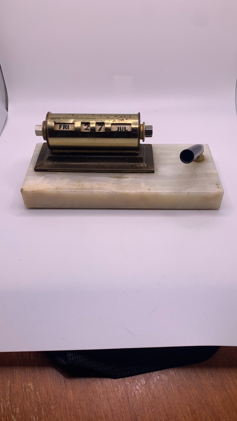 Vtg 1940s Nichols Brass Perpetual Desk Calendar + Pen Holder ~ Marble Base