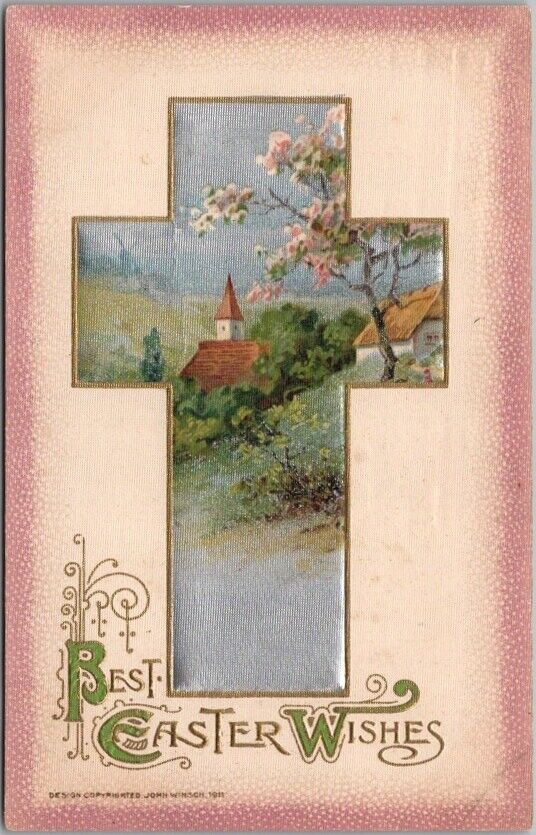 Vintage Winsch EASTER Embossed Postcard Cross Border / Church Scene - 1914
