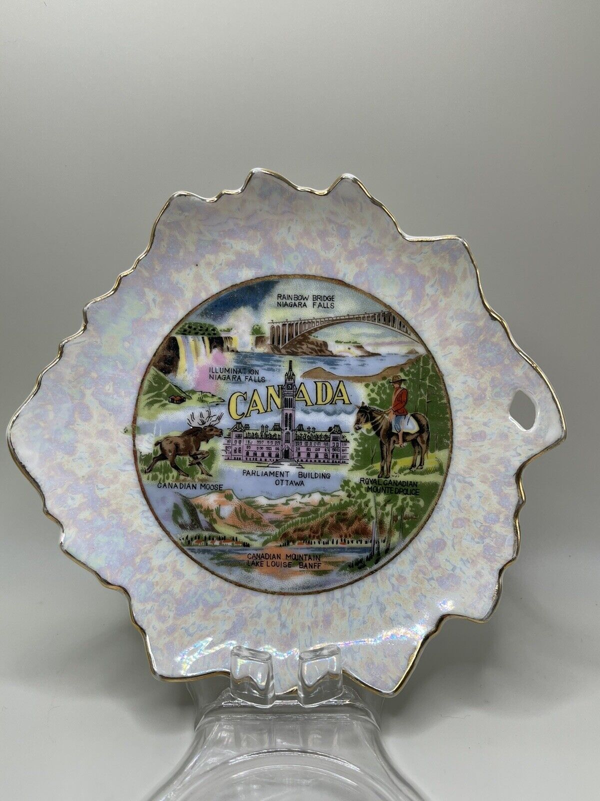 Vintage Canada Porcelain Souvenir Leaf Plate 6” Luster Gold Rim Japan Giftcraft
