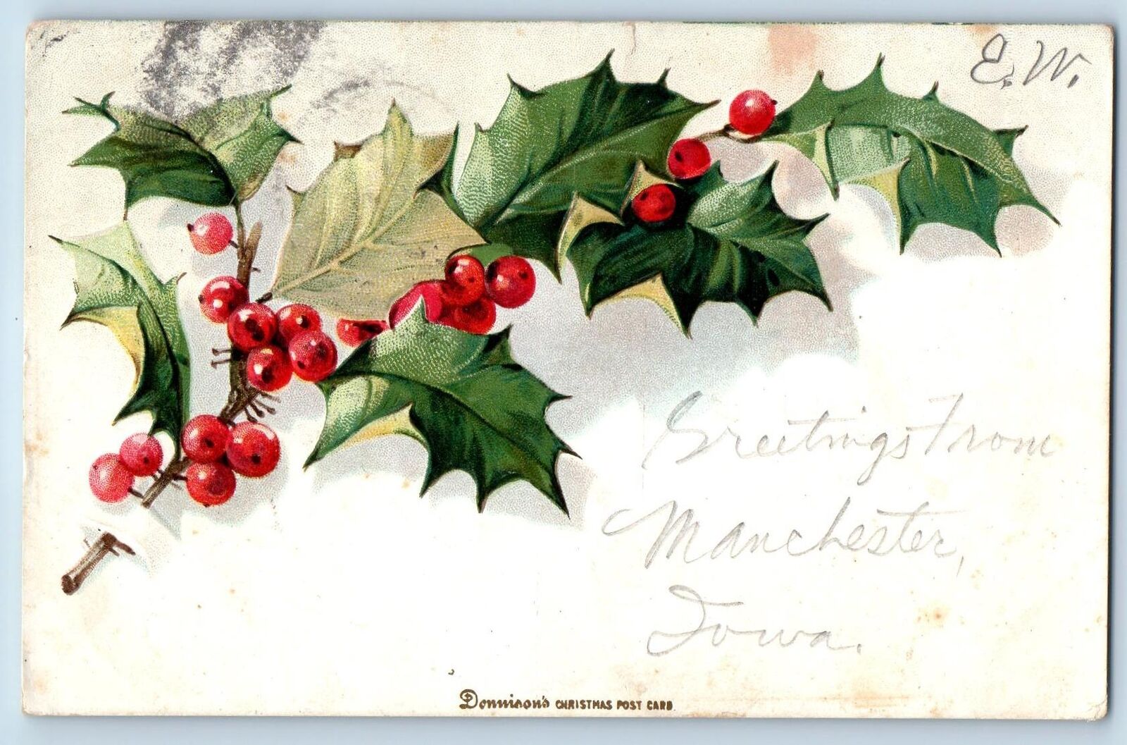Manchester Iowa IA Postcard Greetings Embossed Christmas Laurel 1907 Antique