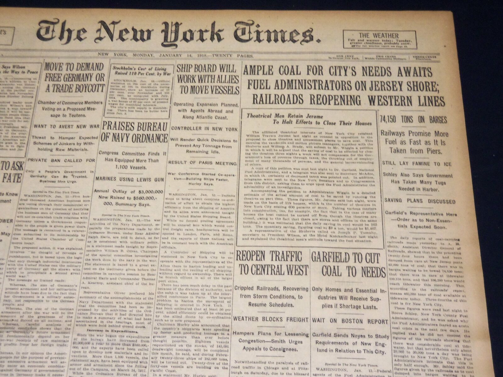 1918 JANUARY 14 NEW YORK TIMES - AMPLE COAL FOR CITY\'S NEED - NT 7923