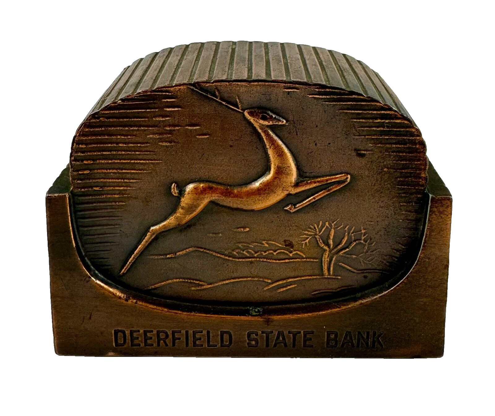Vintage Metal Still Bank Deerfield State Bank Copper ART DECO DEER Banthrico