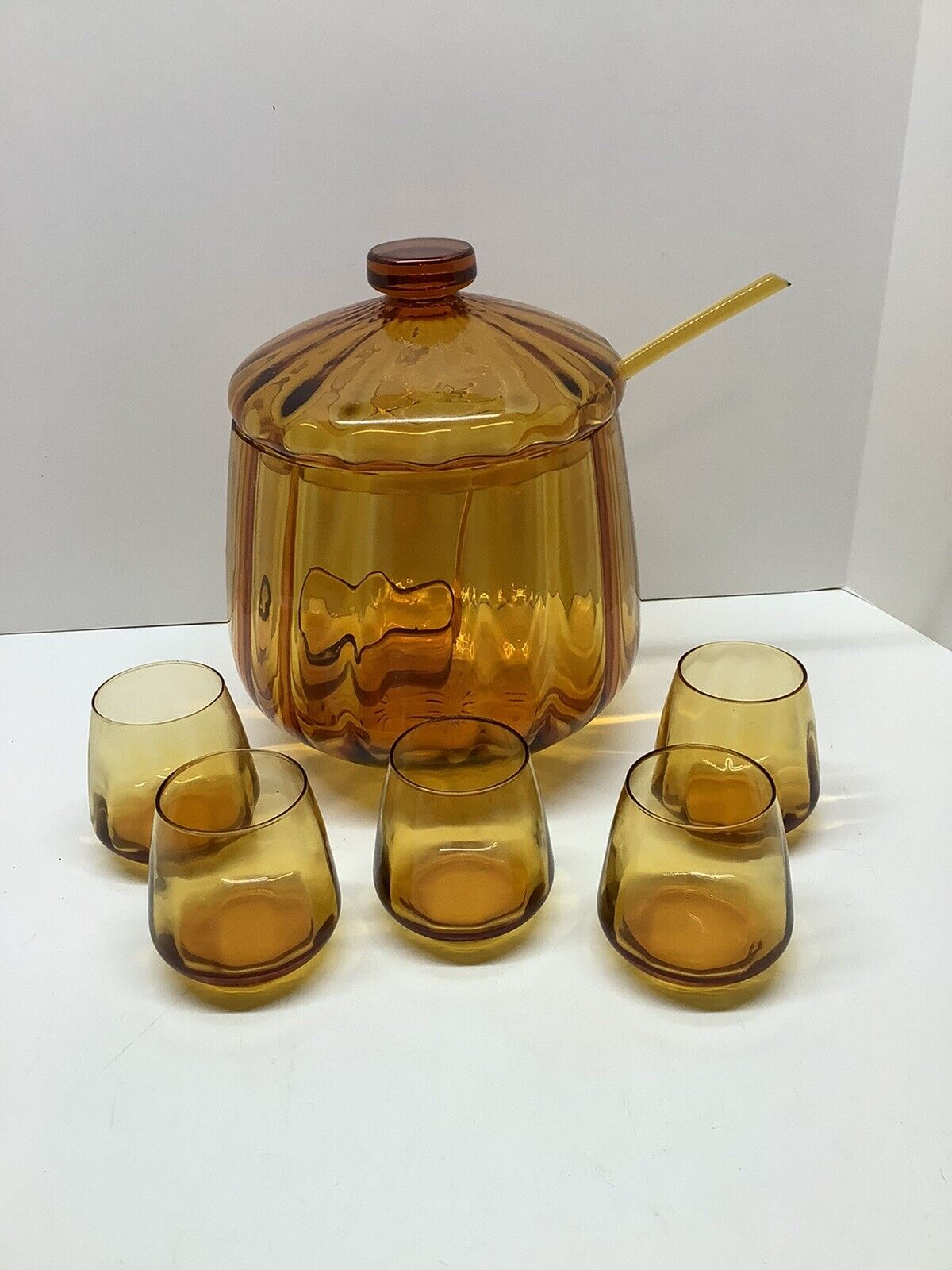 RARE Mid Century Modern Amber Glass lidded punch bowl w/ladle & 5 glasses
