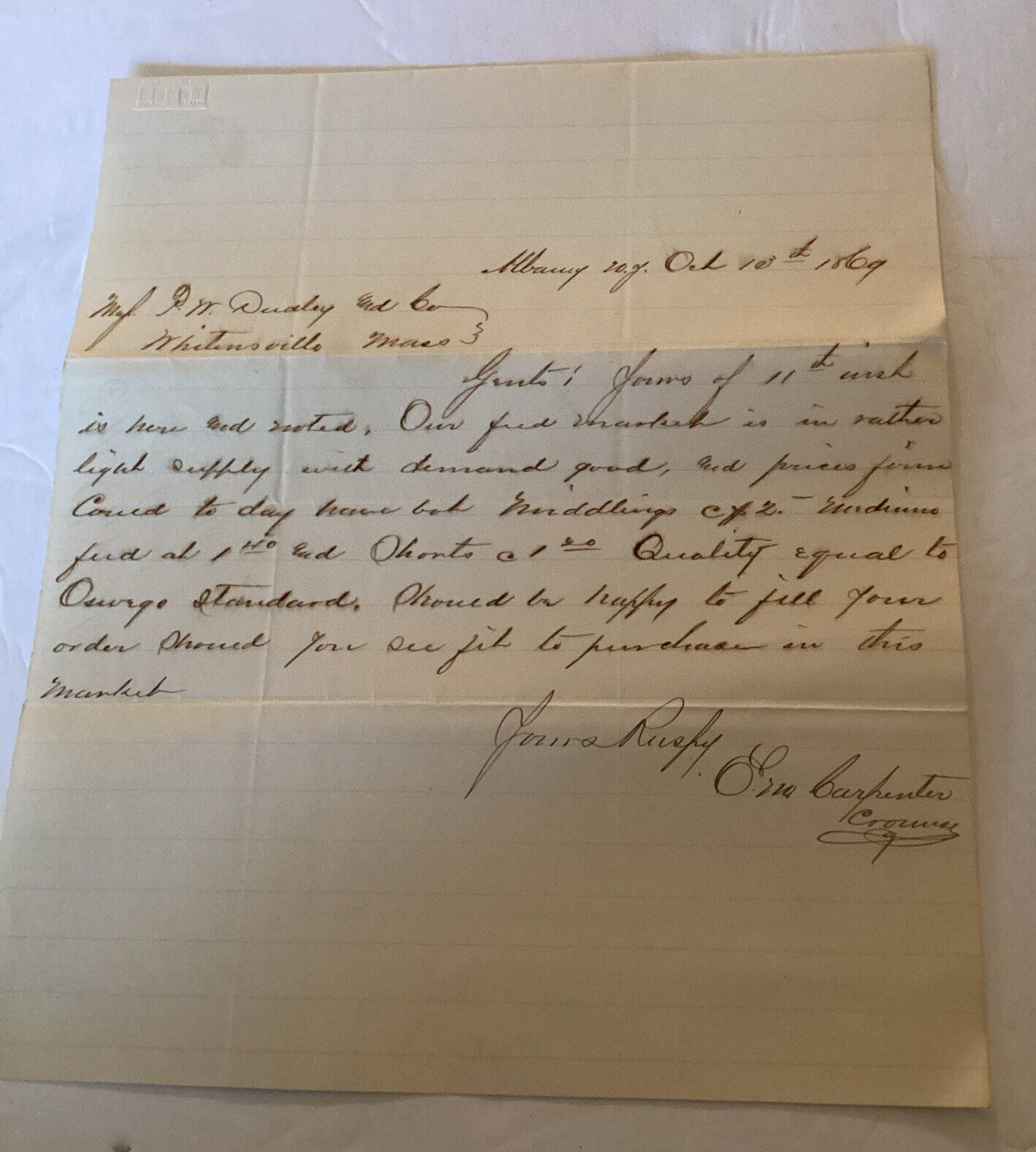 1869 Handwritten Letter Signed E M Carpenter Signed Albany NY