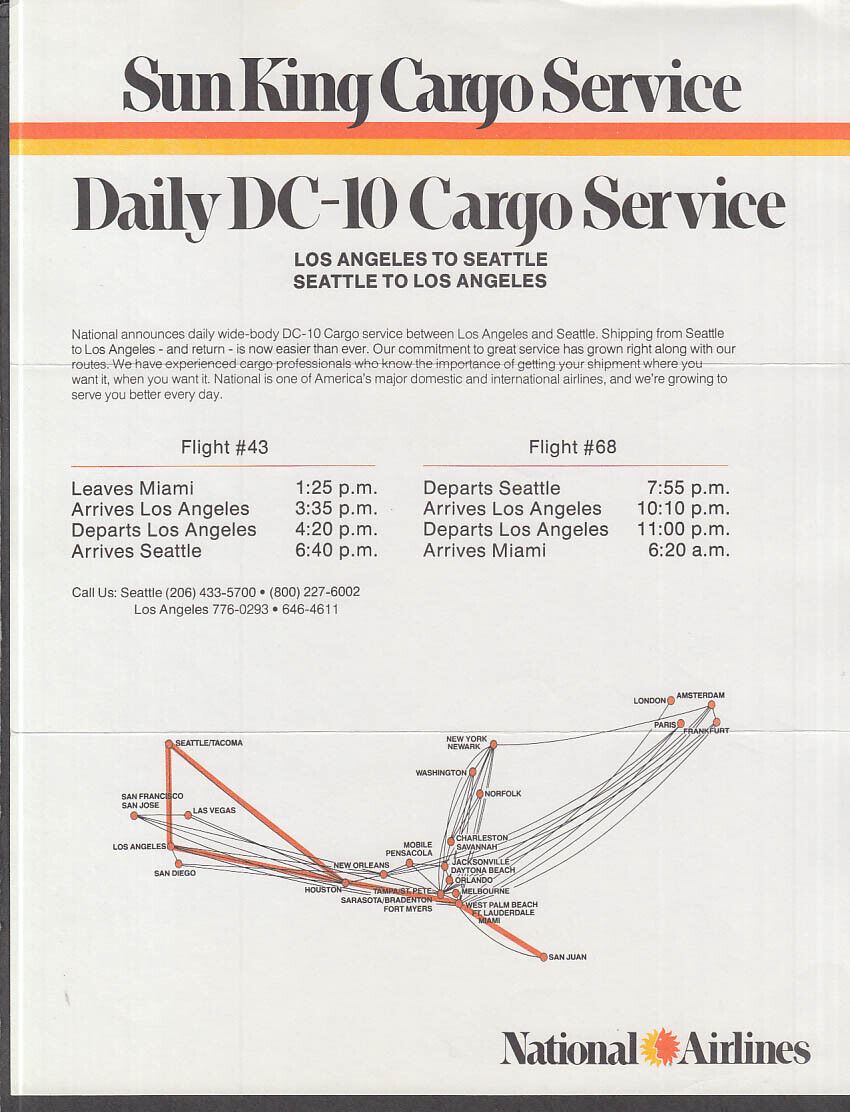National Airlines Sun King Cargo Service DC-10 Schedule 1970s