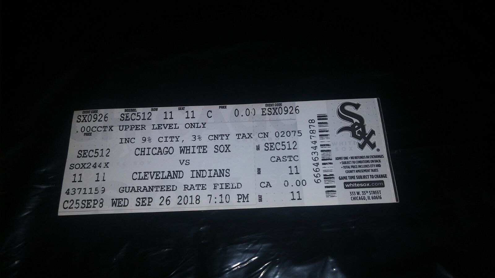 Chicago White SoX Vs The Cleveland Baseball Game 9/26/18 2018 Ticket