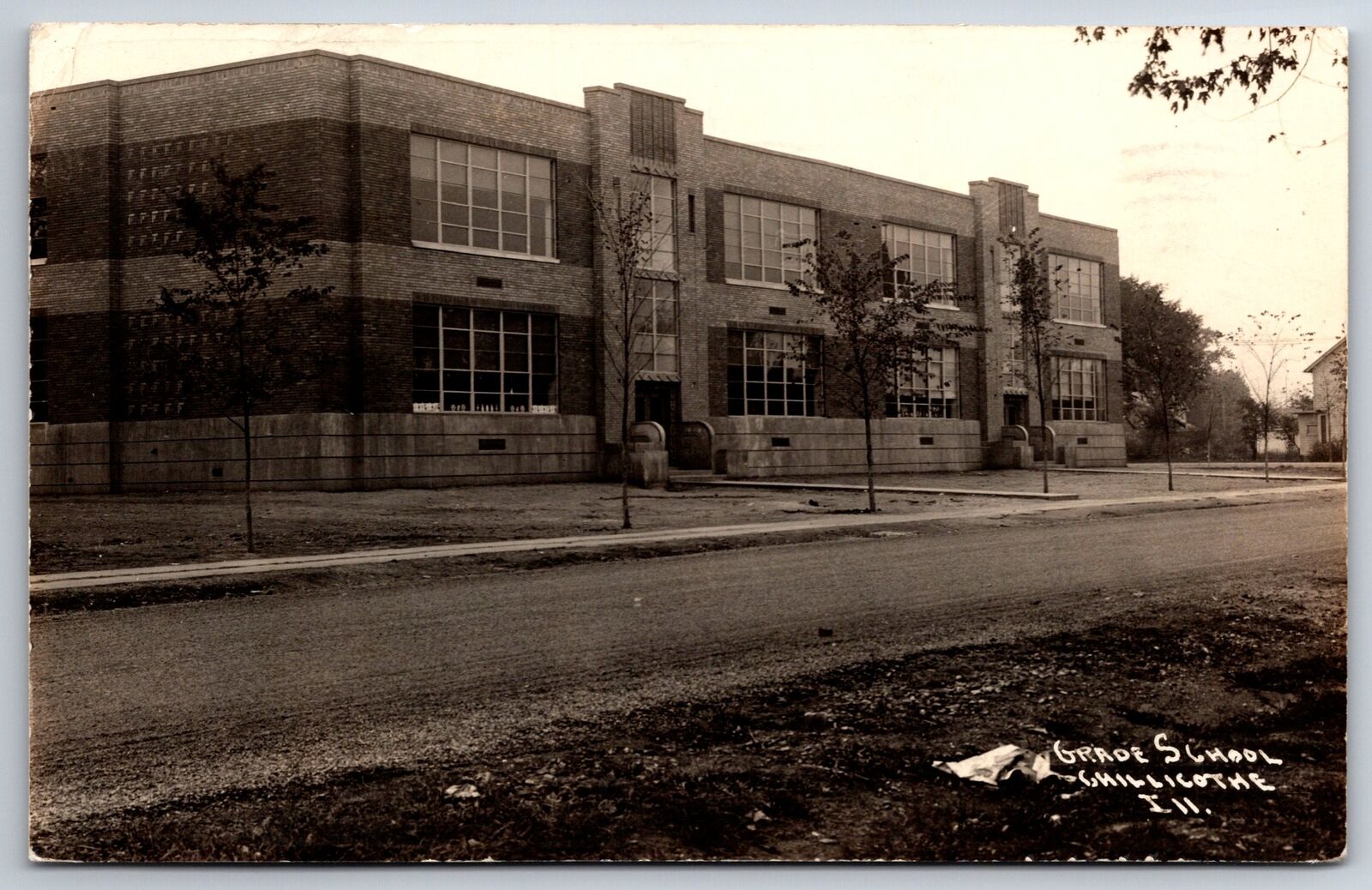 Chillicothe Illinois~Art Deco Grade School Building~View From Street~RPPC 1930s