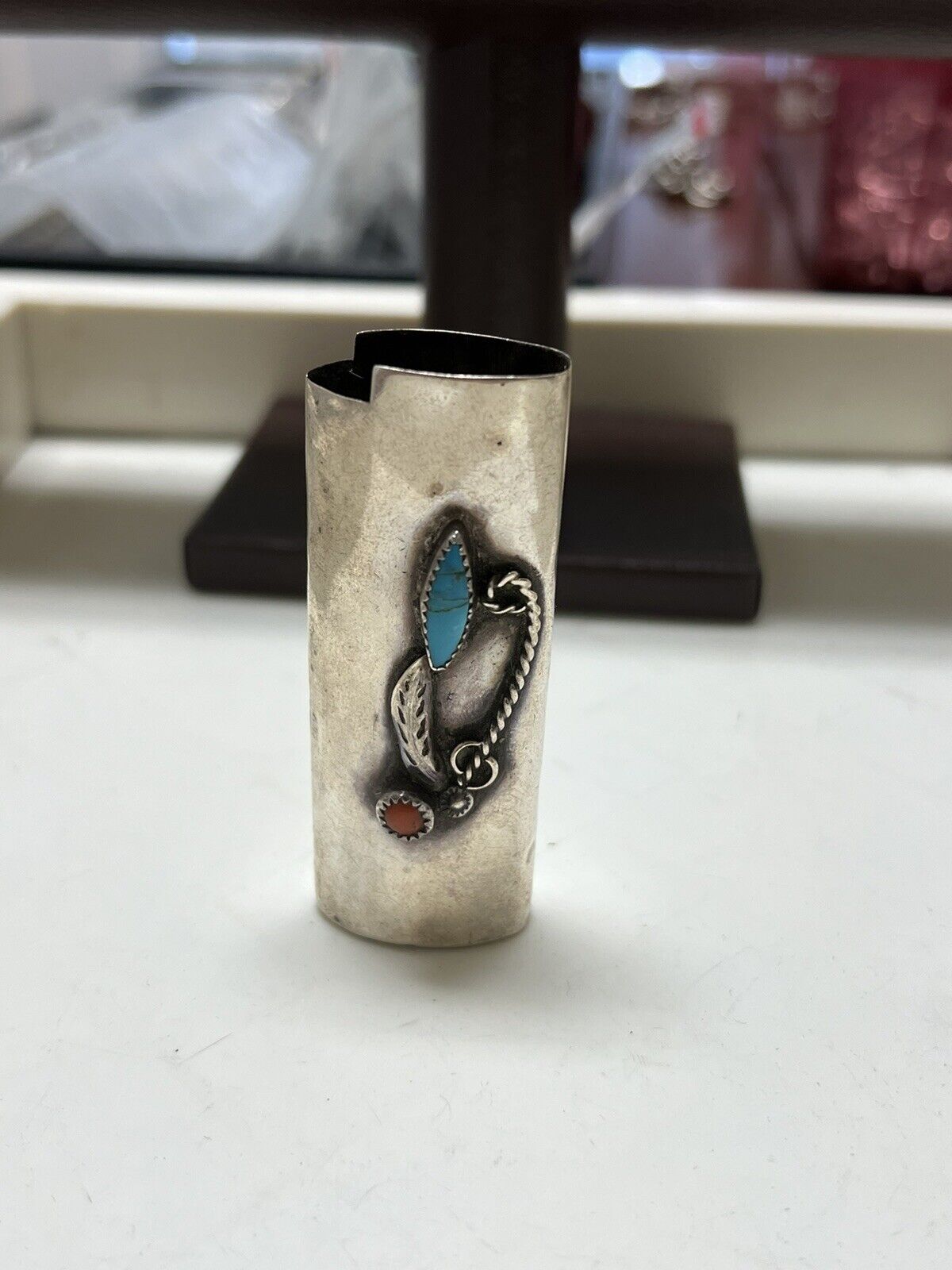 VTG Navajo Silver Native American Turquoise/Coral Bic Lighter Cover Holder Case