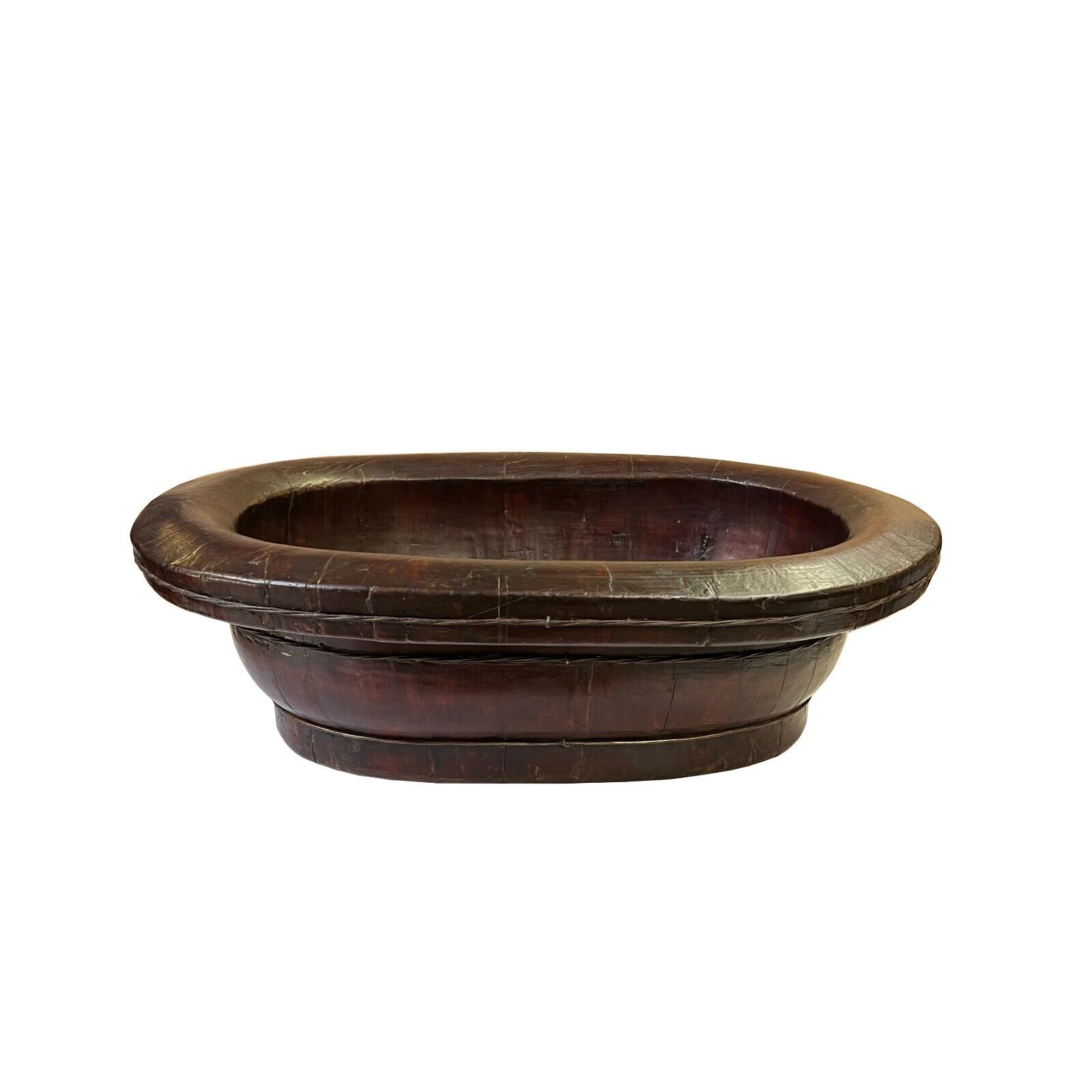 Chinese Vintage Distressed Brown Flower Oval Shape Wood Bucket ws3125