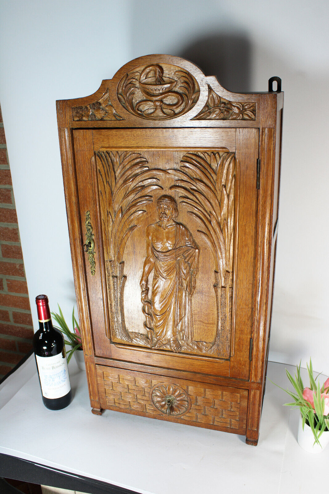 RAre antique French Asclepius god medicine wall cabinet pharmacy wood carved 