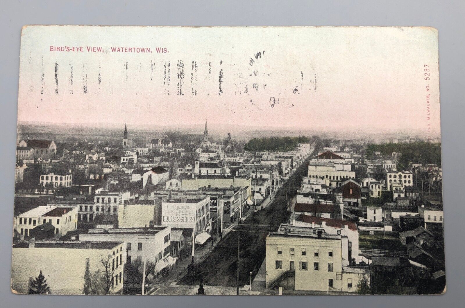 Vintage Real Photo RPPC Postcard Downtown Birds Eye View Watertown WI 1910