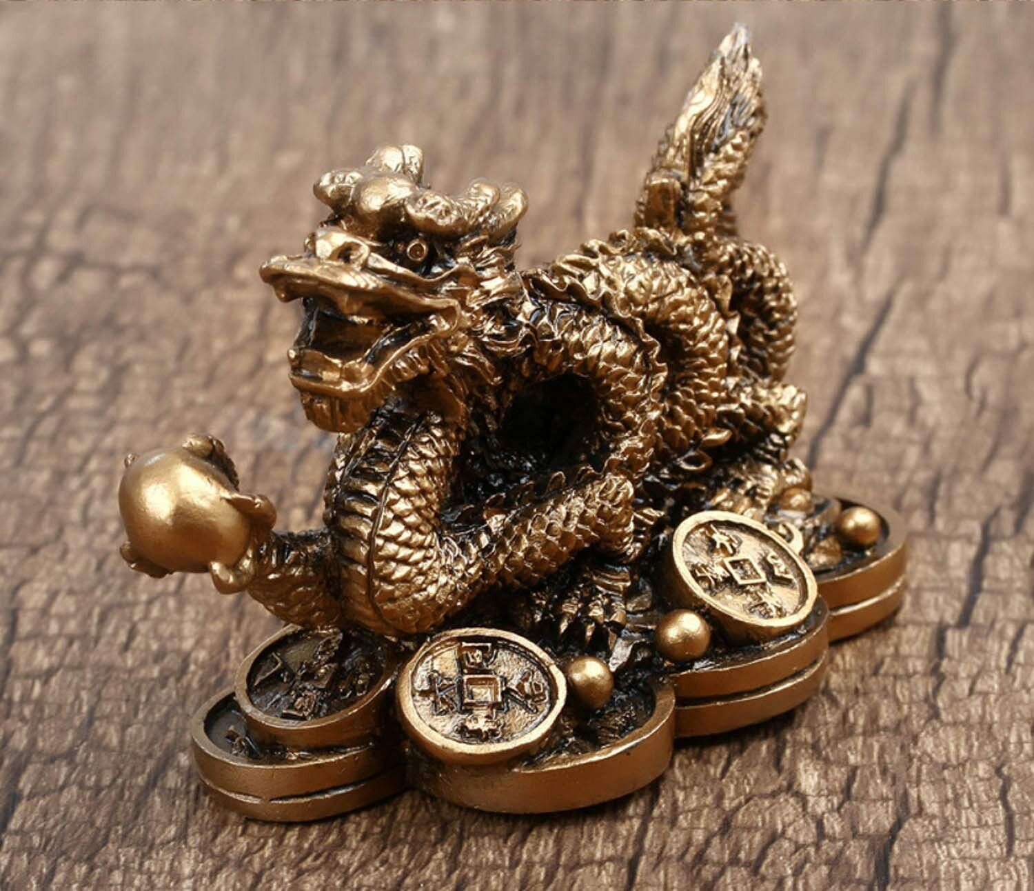 New#Brass Asian Chinese Feng Shui Dragon on Money Coins Figurine Godd Luck Statu