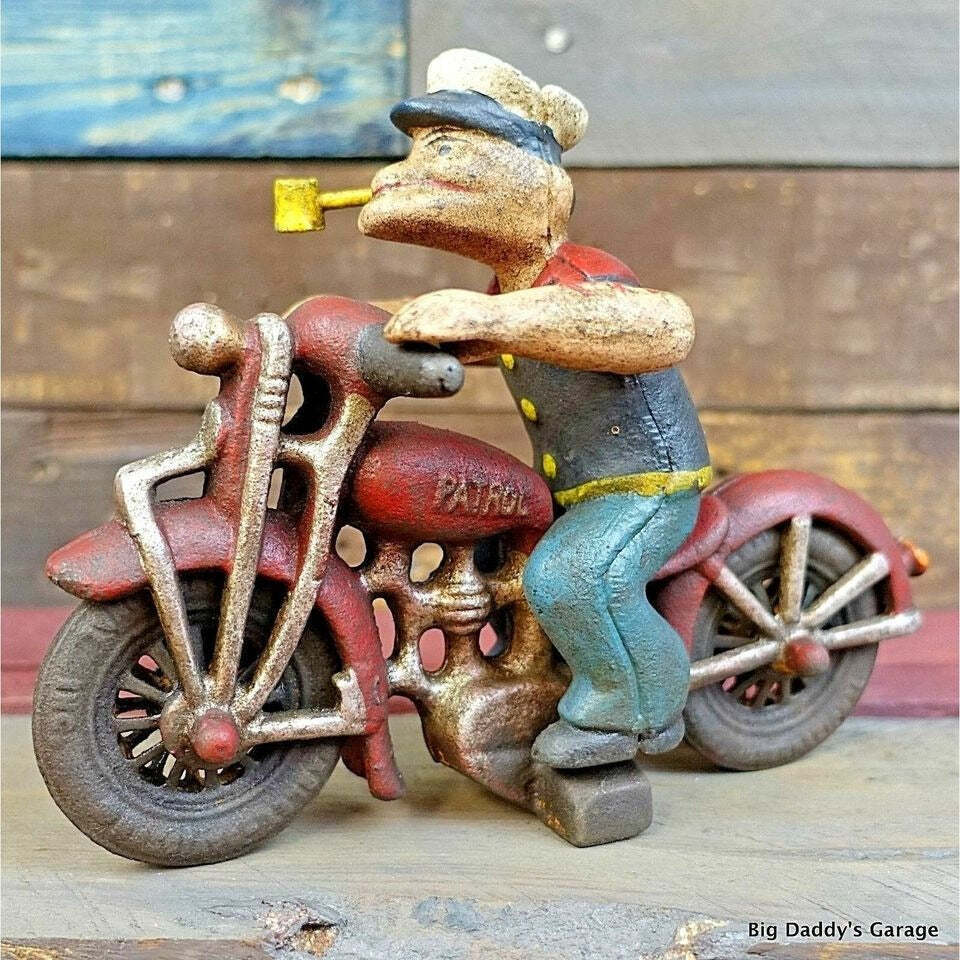 Popeye Patrol Motorcycle Figurine Cast Iron Painted With Antique Finish (8\