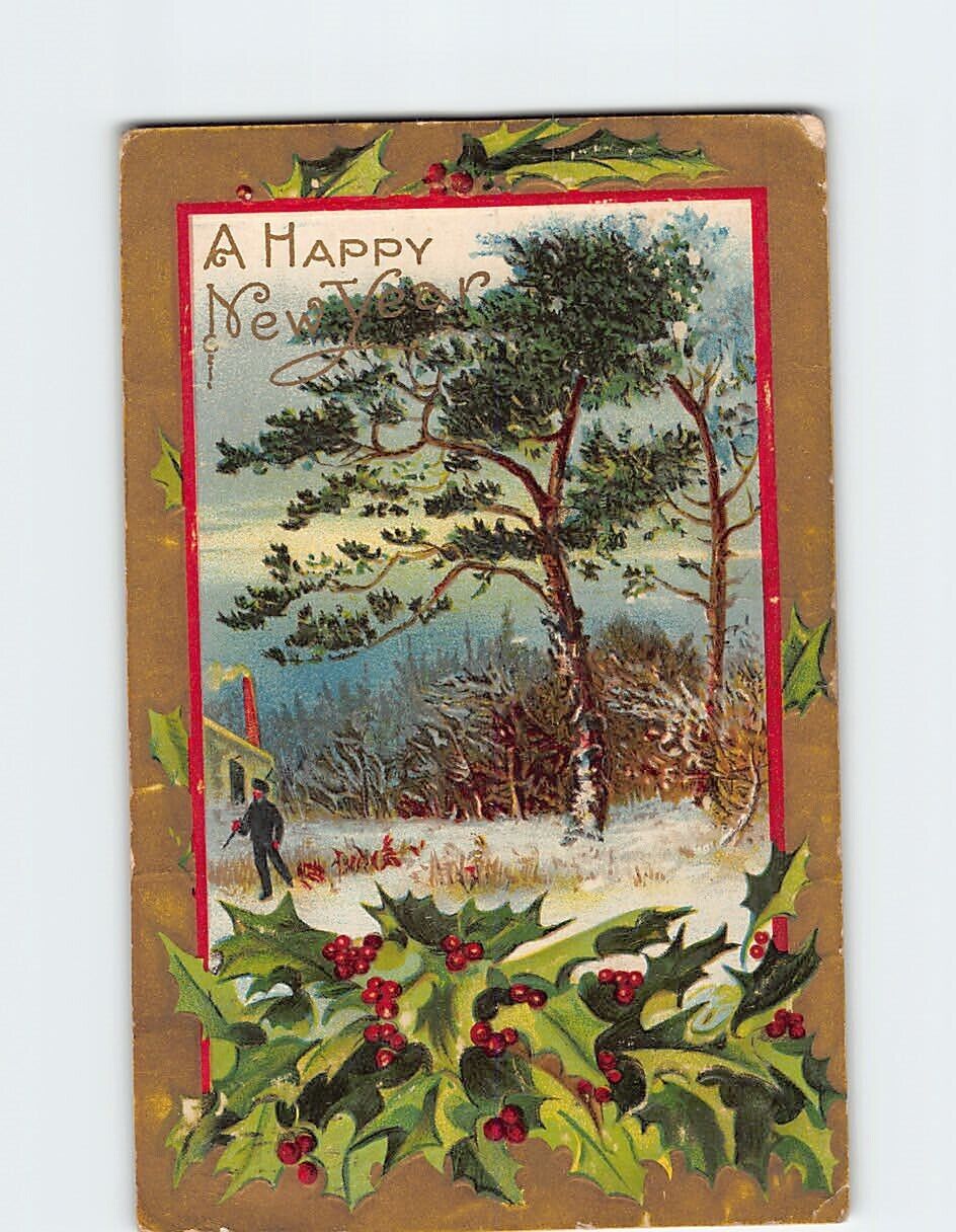 Postcard A Happy New Year with Hollies Embossed Art Print