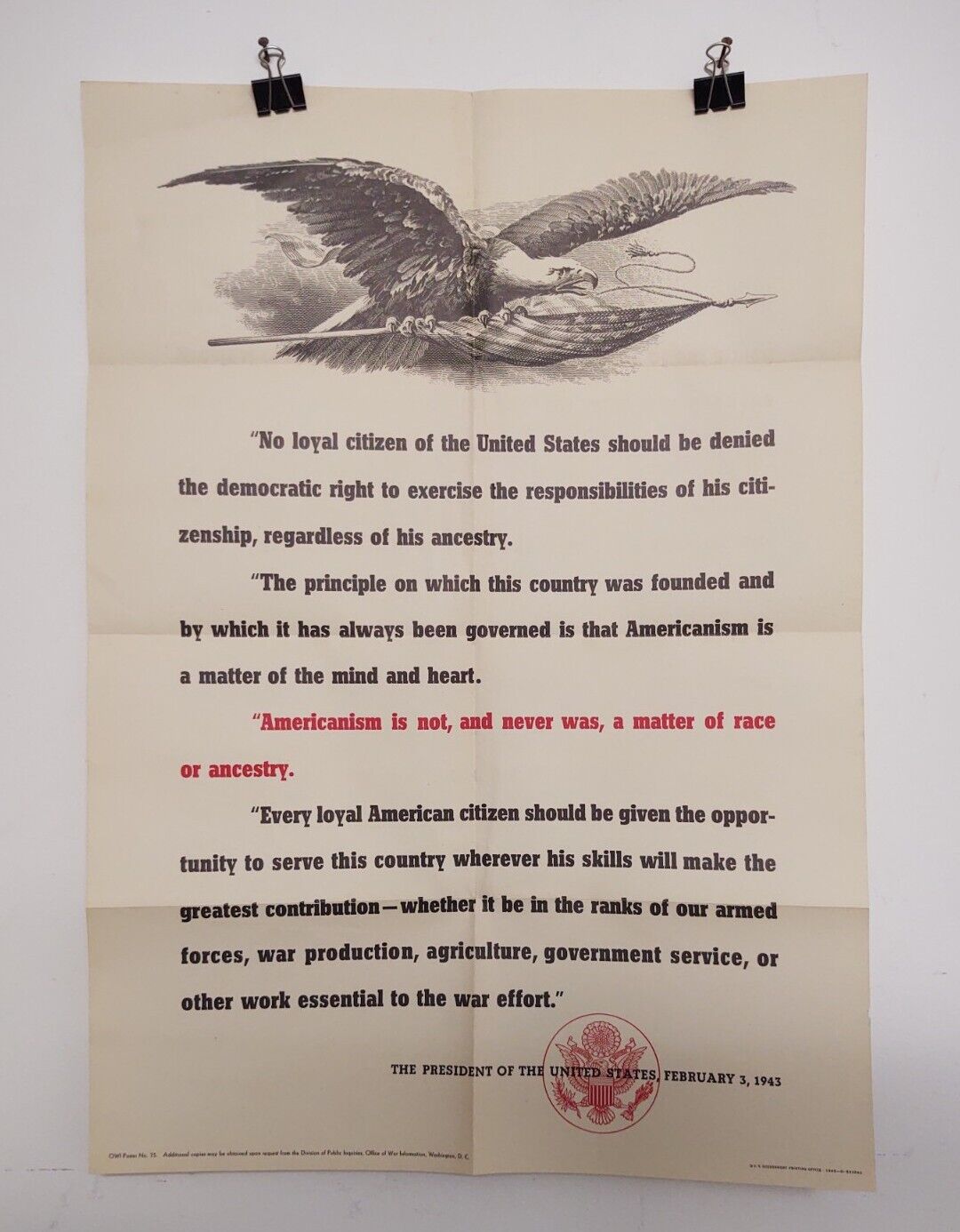 Original WORLD WAR 2 Poster Presidents Decree to end Racism in Military /Hiring 